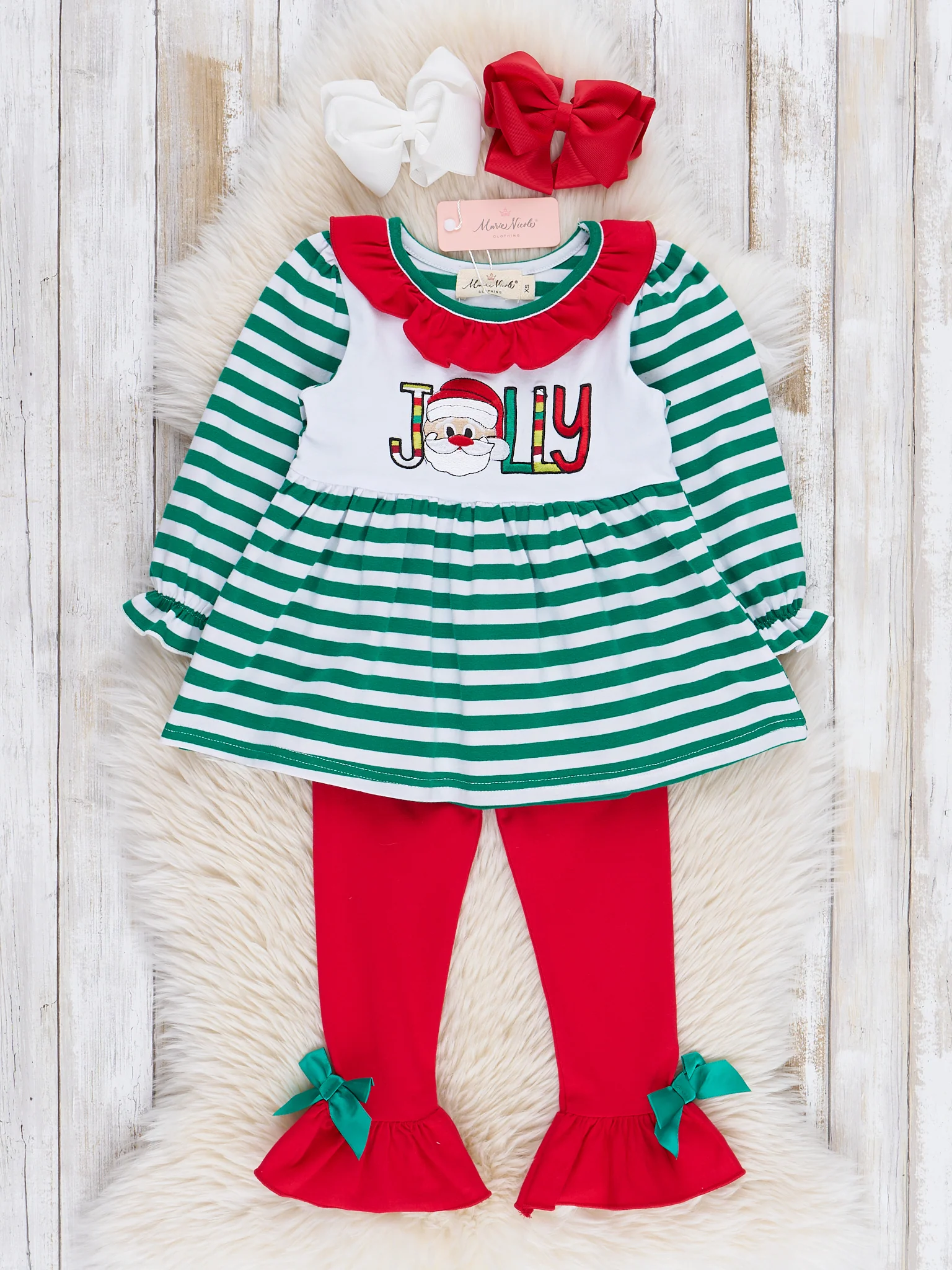 Green Stripe Jolly Santa Ruffle Outfit - Image 2
