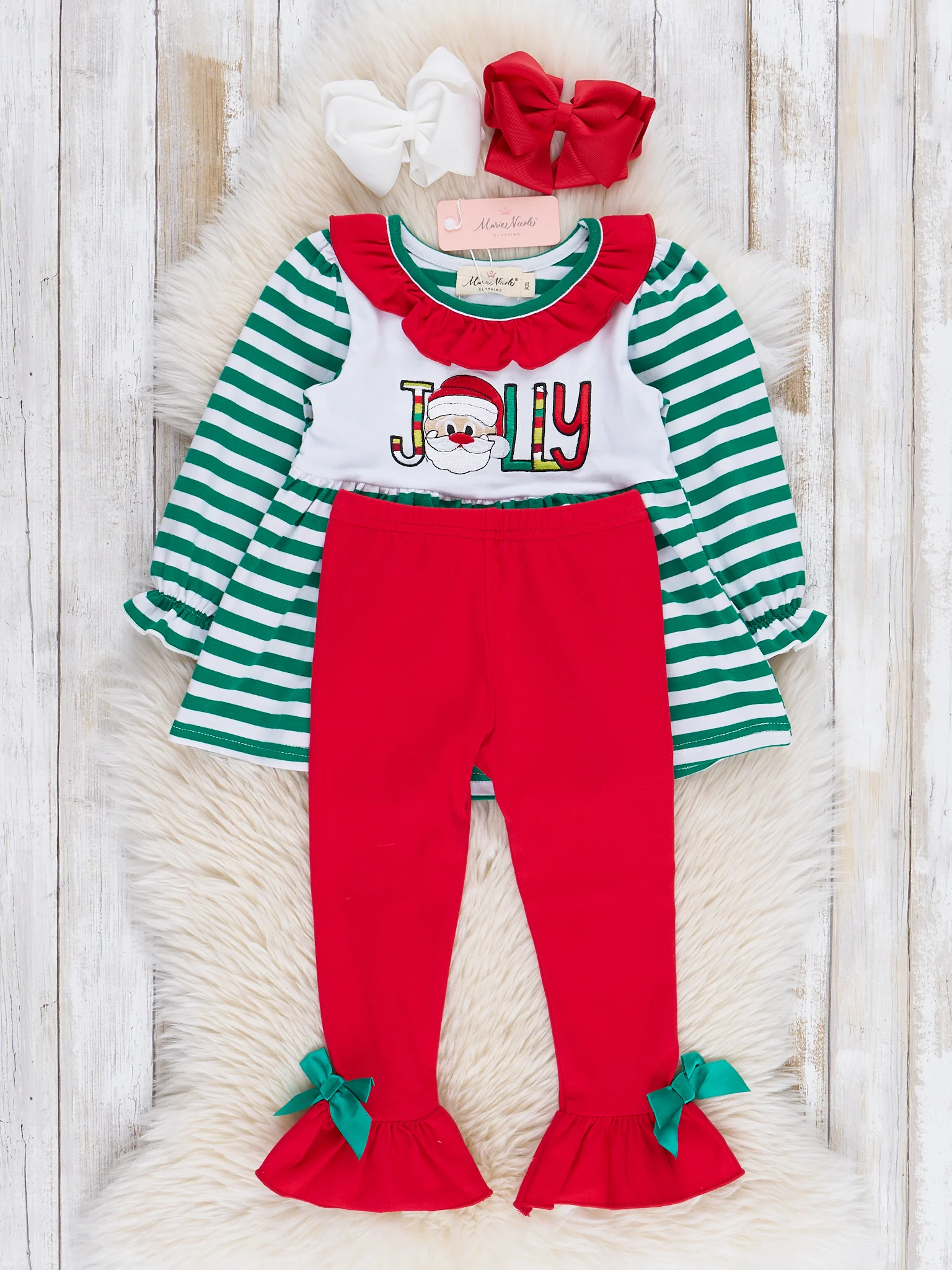 Green Stripe Jolly Santa Ruffle Outfit - Image 3
