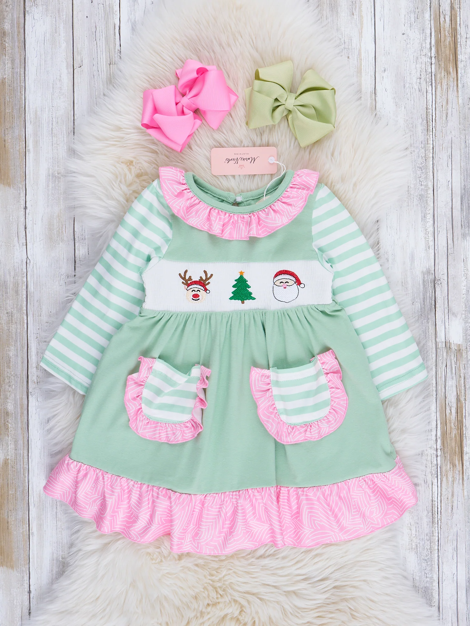 Green Stripe Season's Greetings Smocked Dress