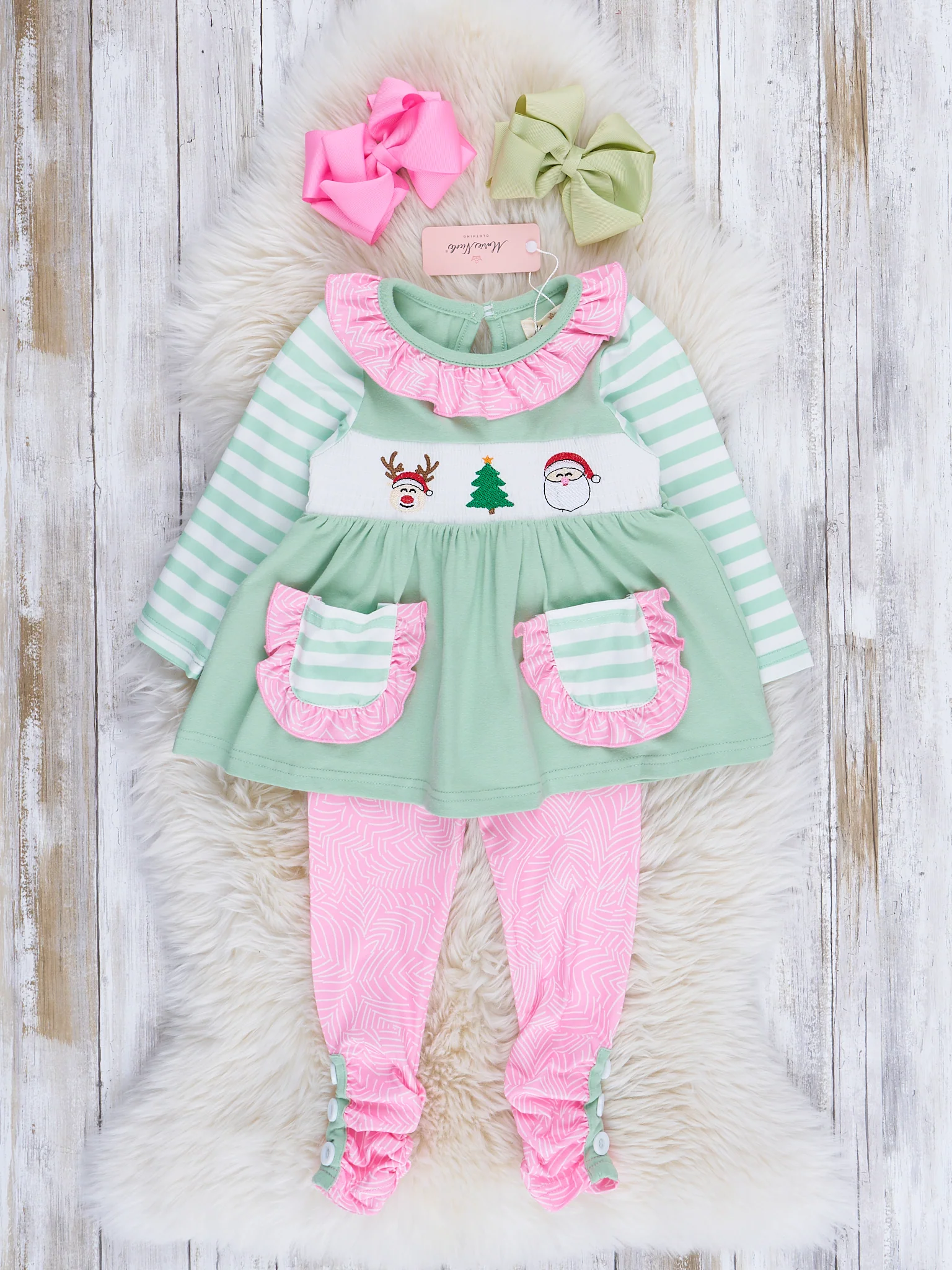 Green Stripe Season's Greetings Smocked Outfit
