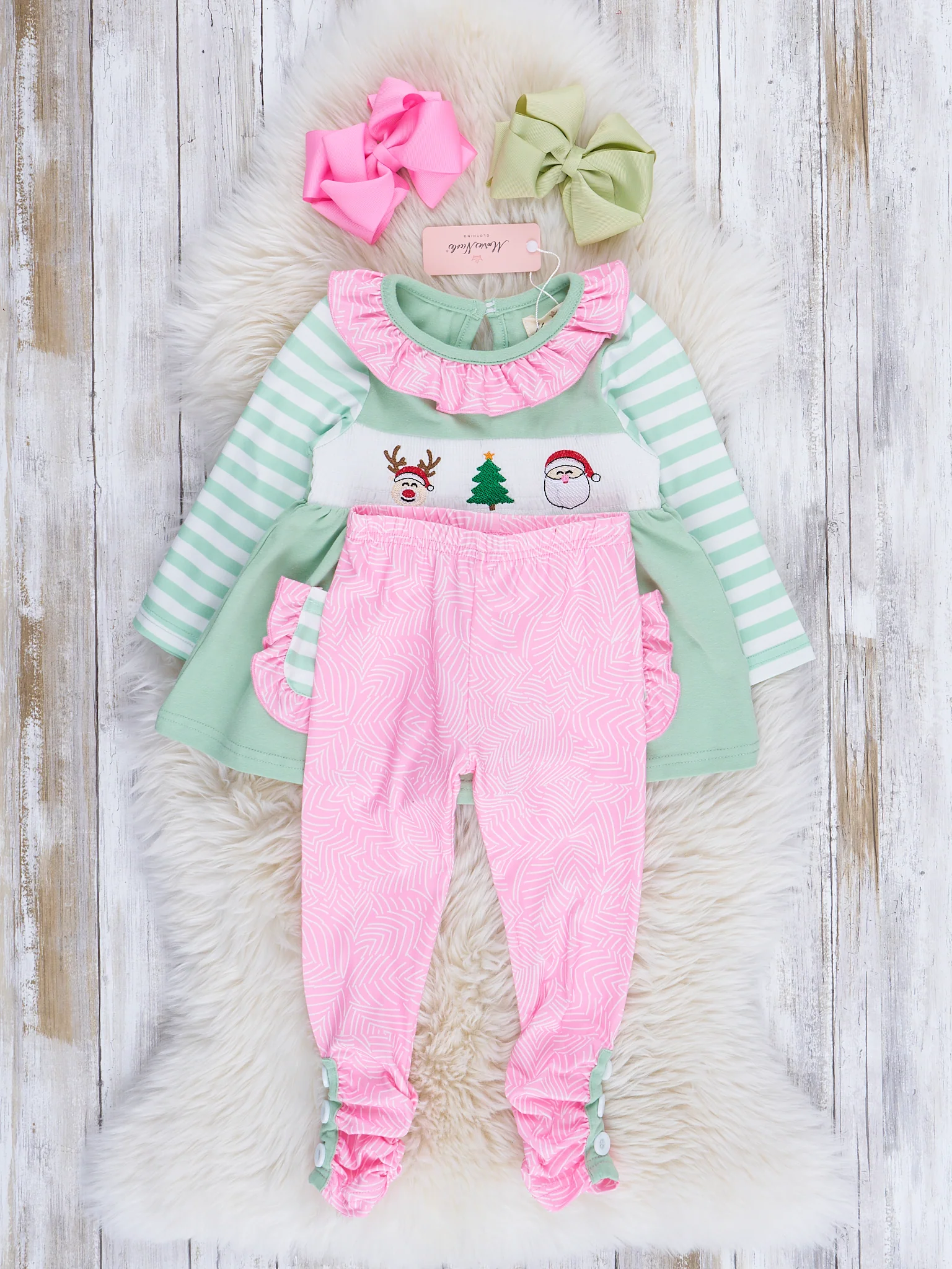 Green Stripe Season's Greetings Smocked Outfit - Image 2