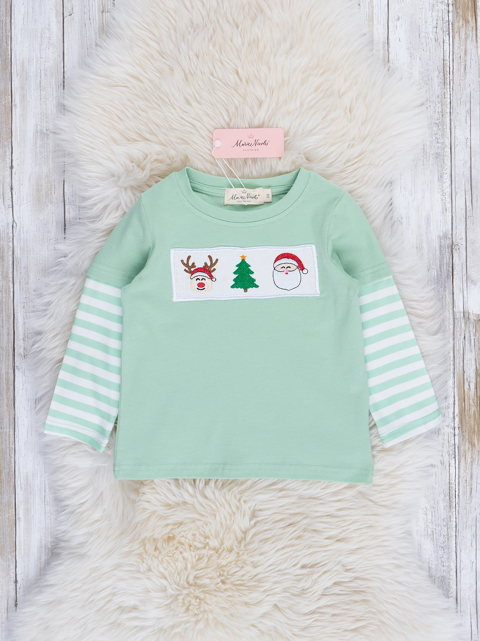 Green Stripe Season's Greetings Smocked Shirt