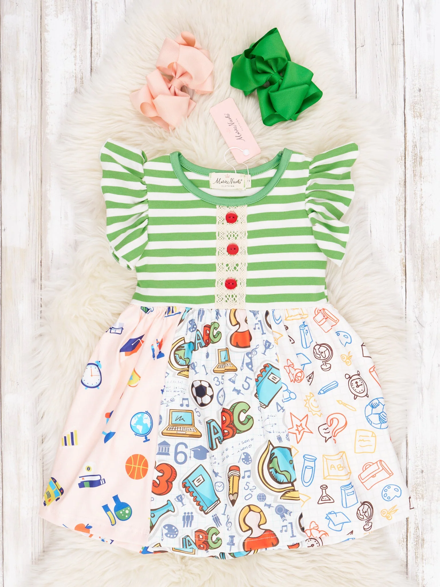 Green Striped ABC Ruffle Dress