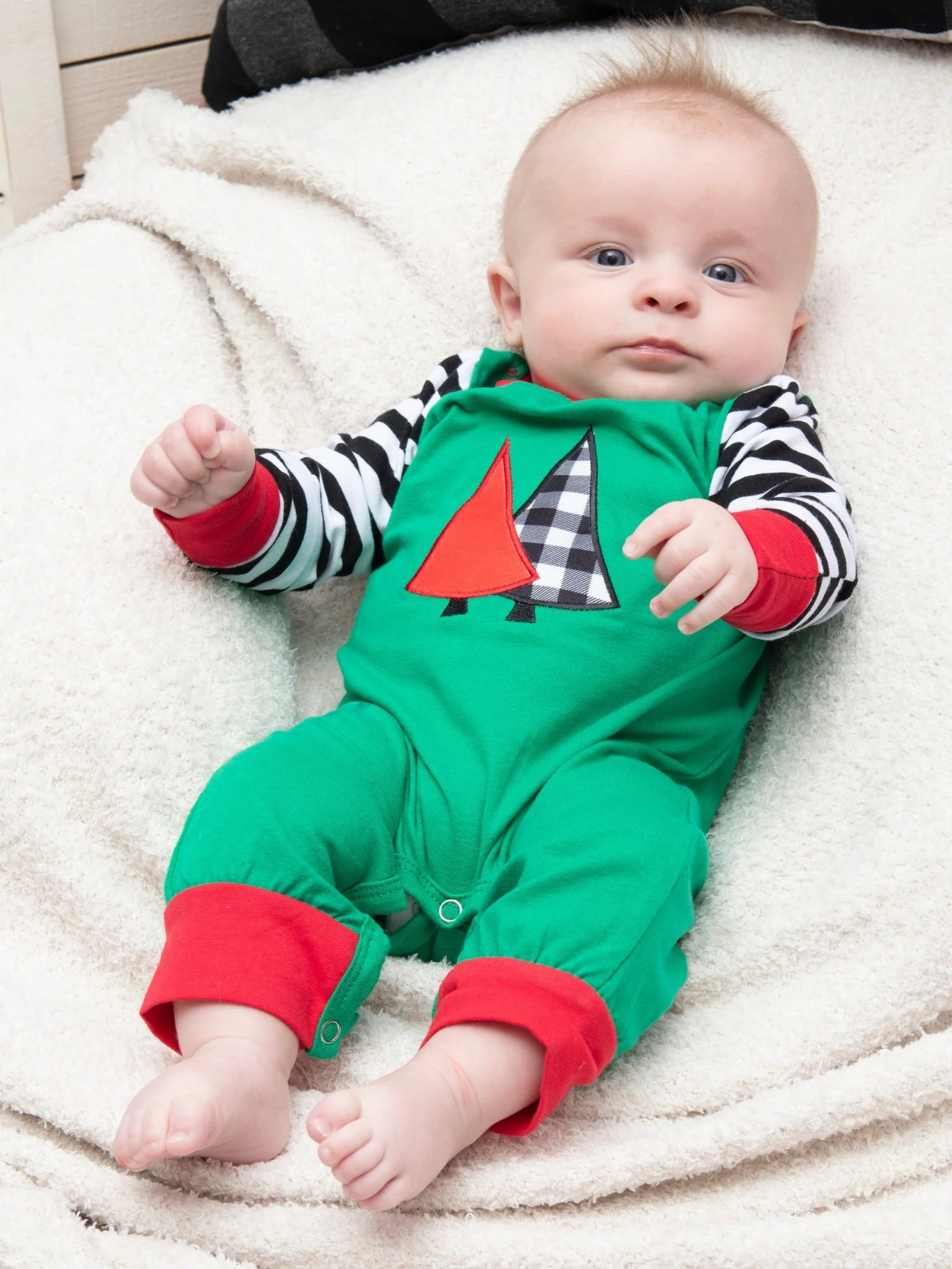 Green Striped Christmas Tree Raglan Romper