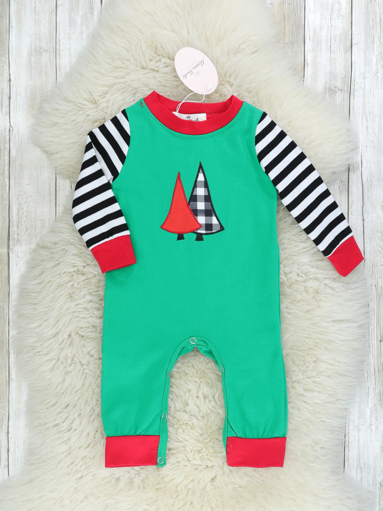 Green Striped Christmas Tree Raglan Romper - Image 2