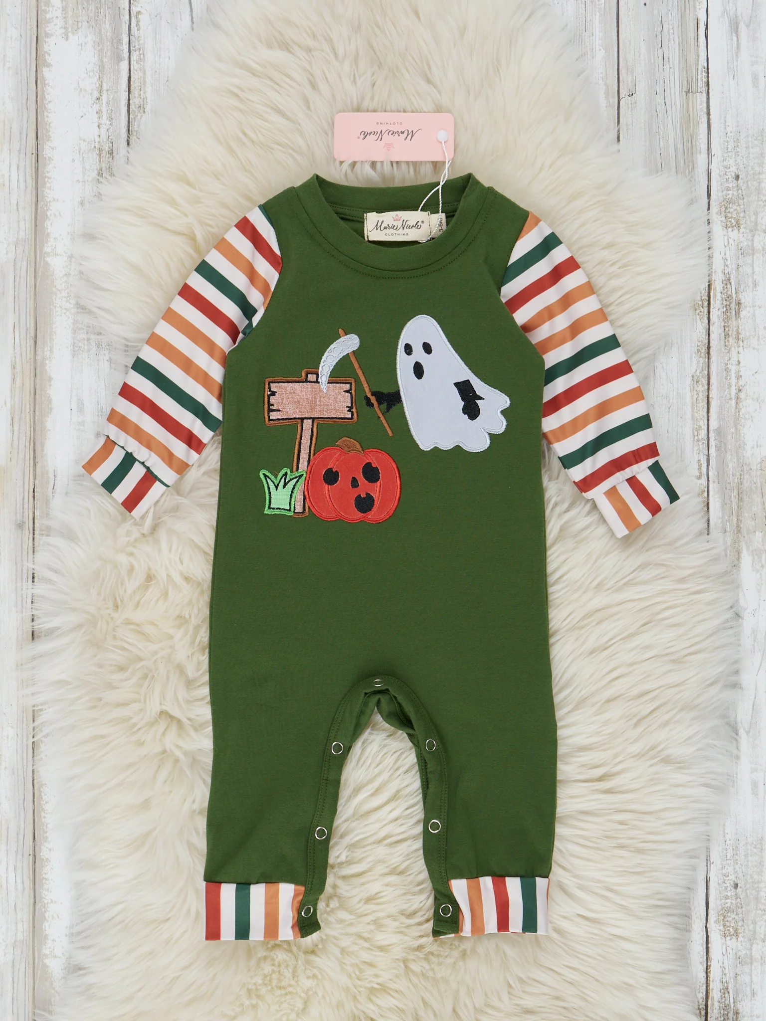 Green Striped Halloween Friends Raglan Romper