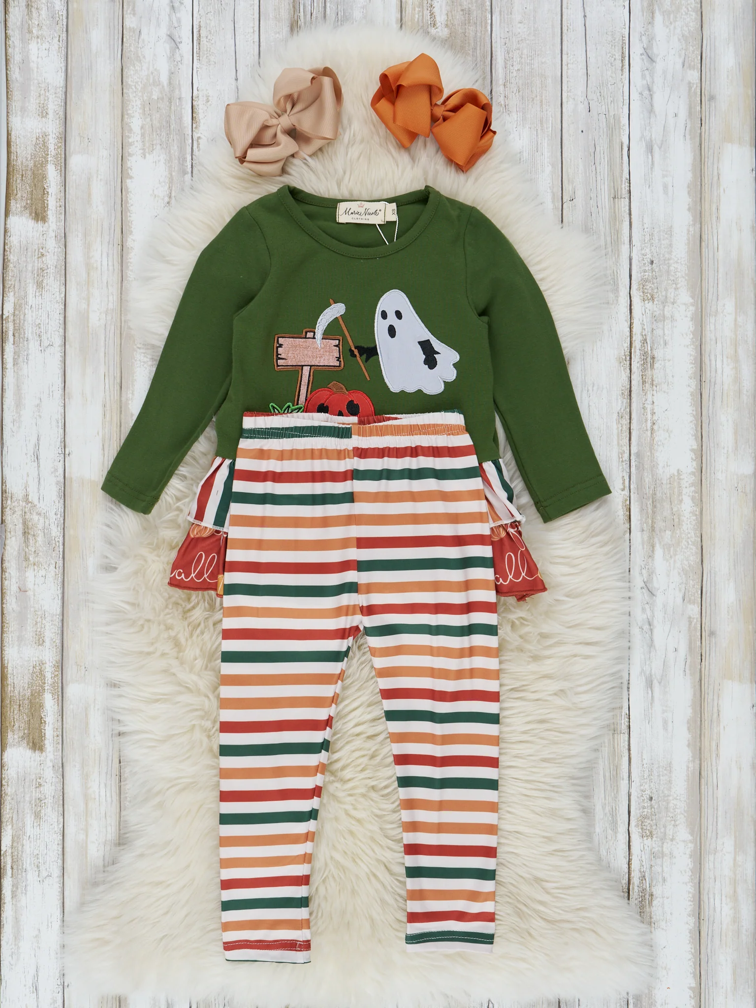 Green Striped Halloween Friends Ruffle Outfit - Image 2