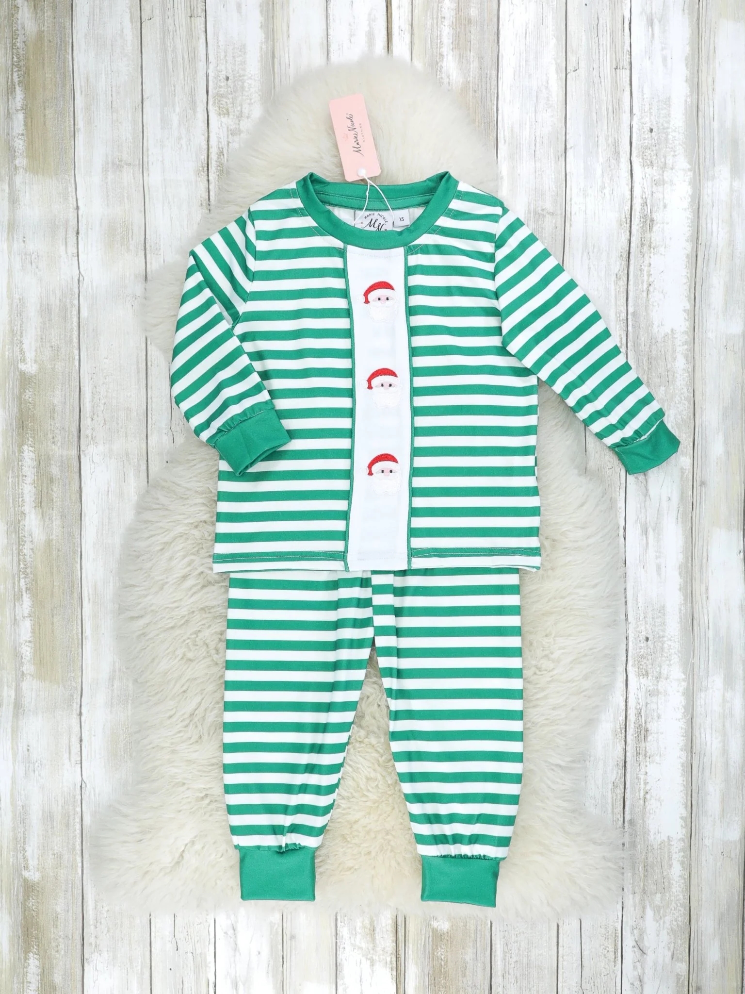 Green Striped Santa Pajamas - Boys & Girls - Image 2