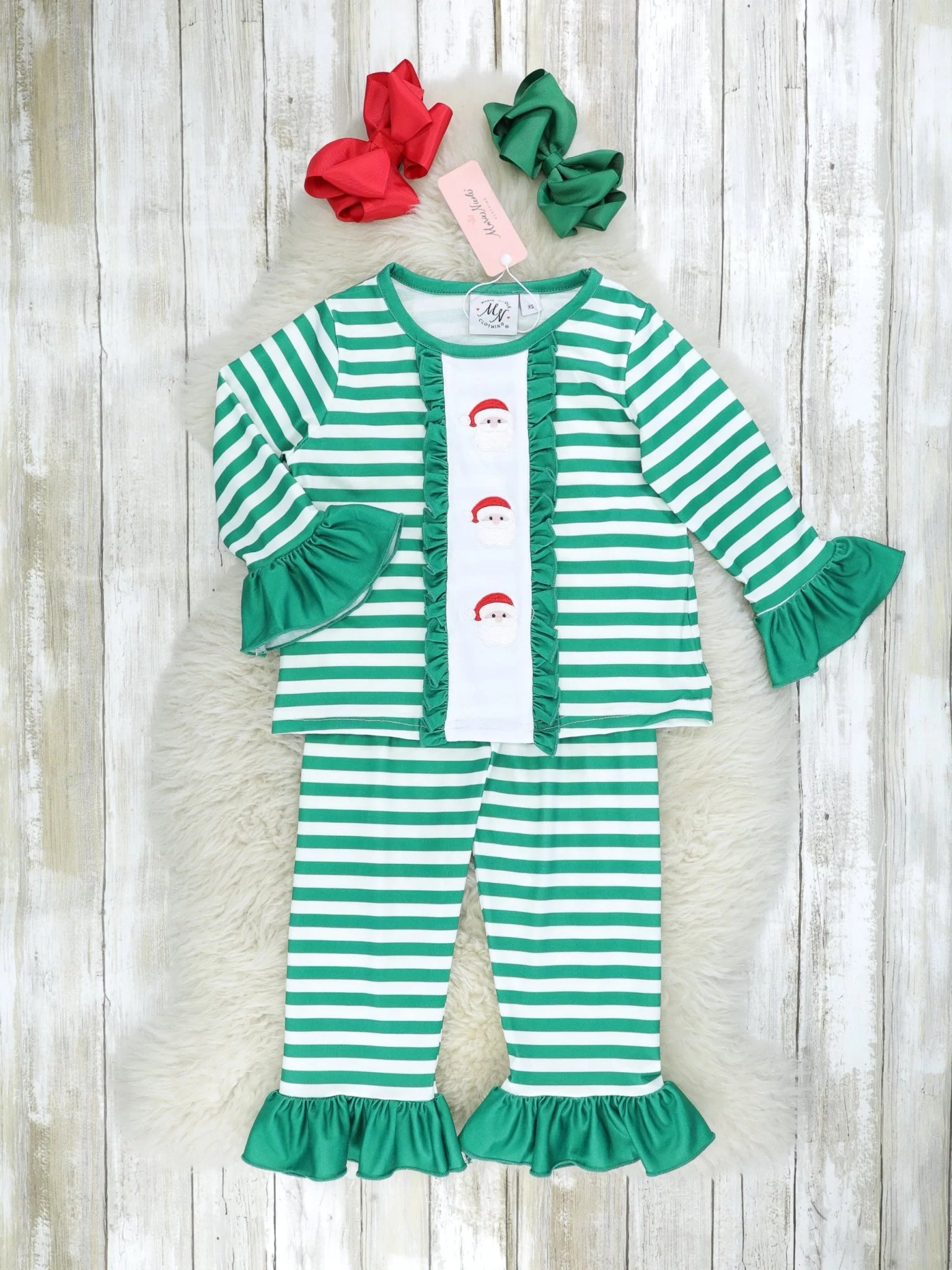 Green Striped Santa Pajamas - Boys & Girls - Image 4