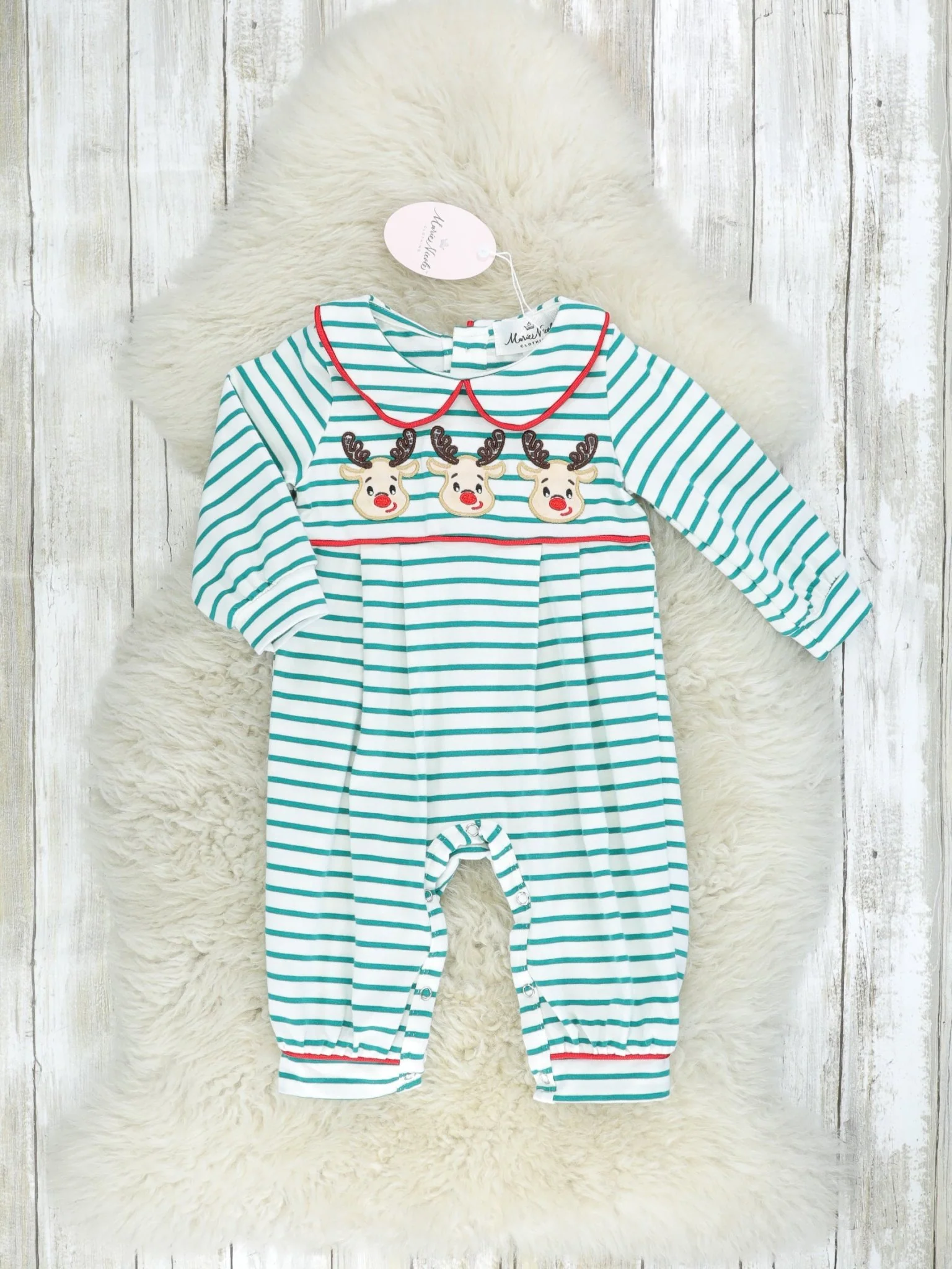 Green Striped Vintage Reindeer Romper