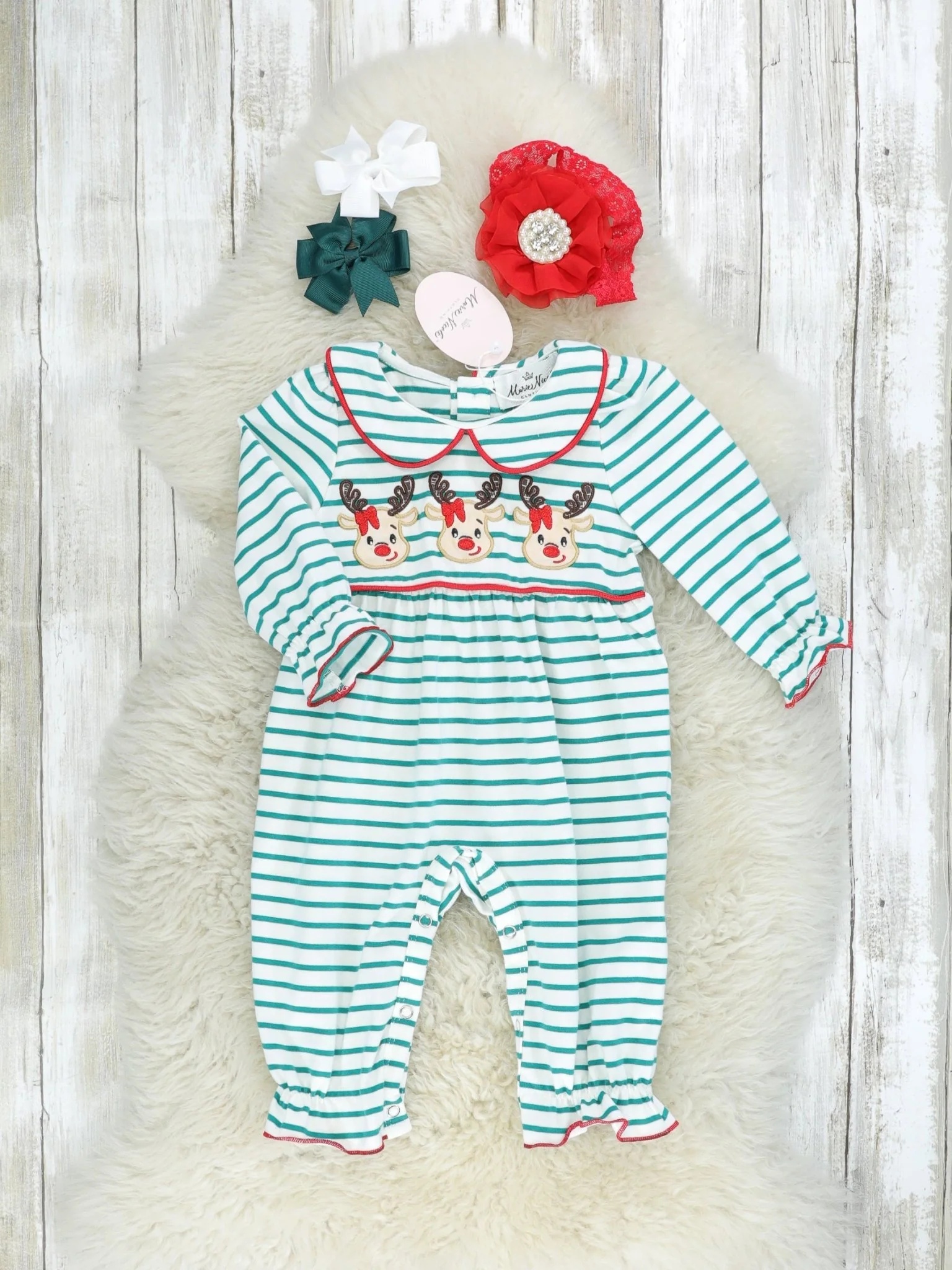Green Striped Vintage Reindeer Ruffle Romper
