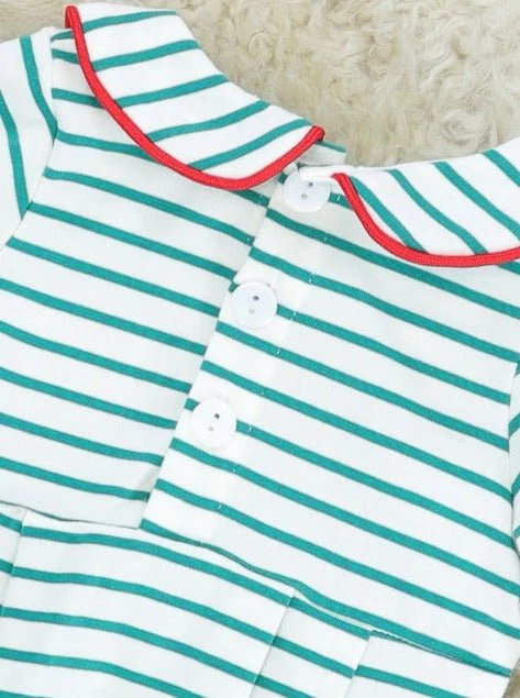 Green Striped Vintage Reindeer Ruffle Romper - Image 2