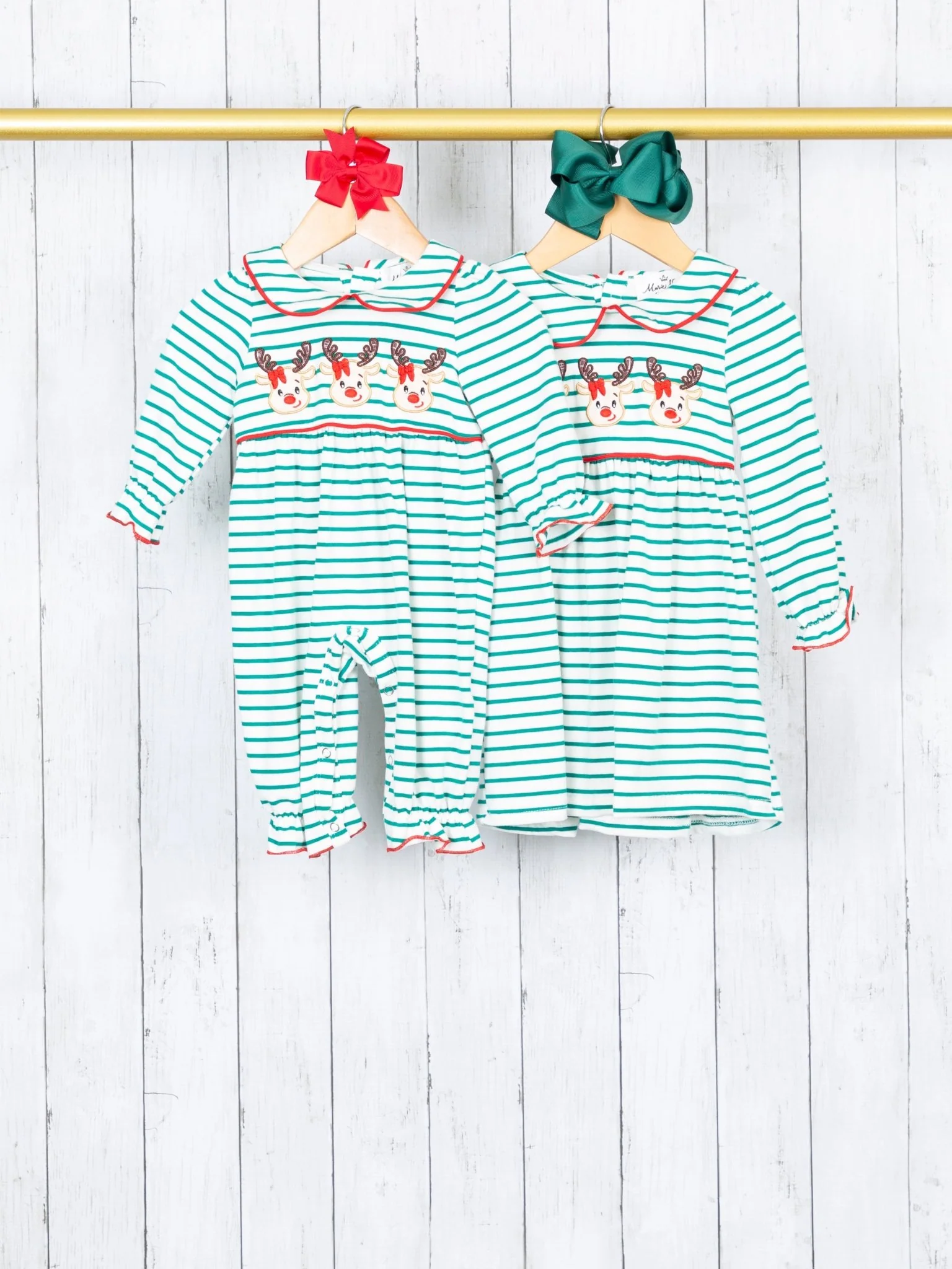 Green Striped Vintage Reindeer Ruffle Romper - Image 3