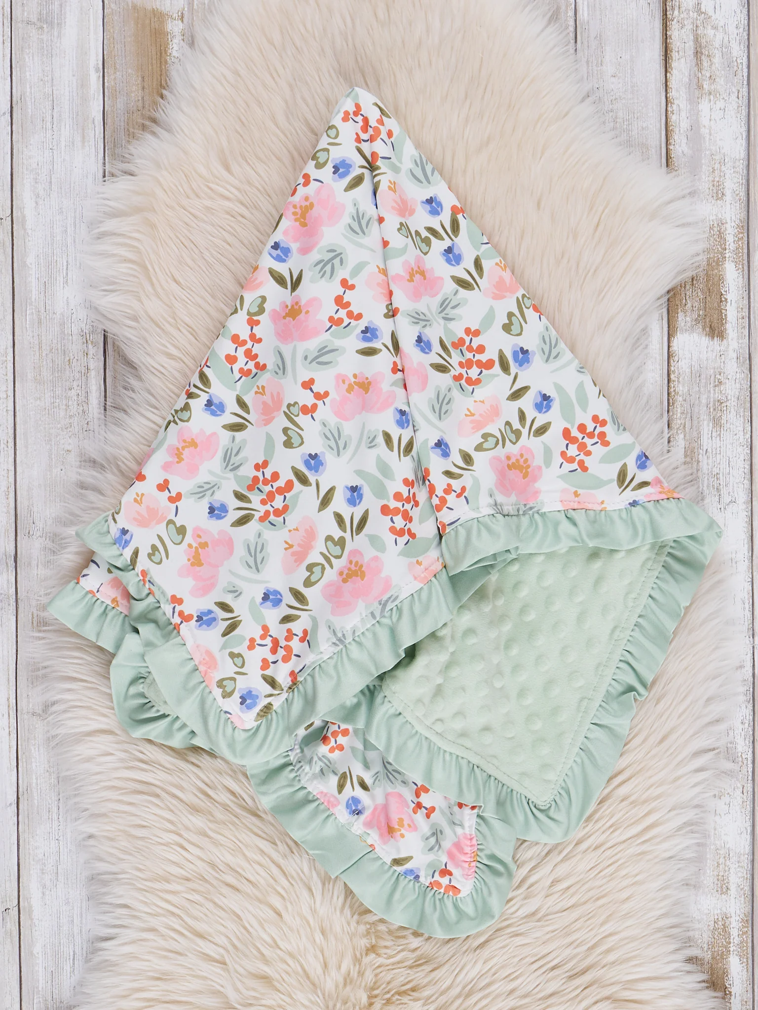 Green Watercolor Garden Ruffle Minky Blanket