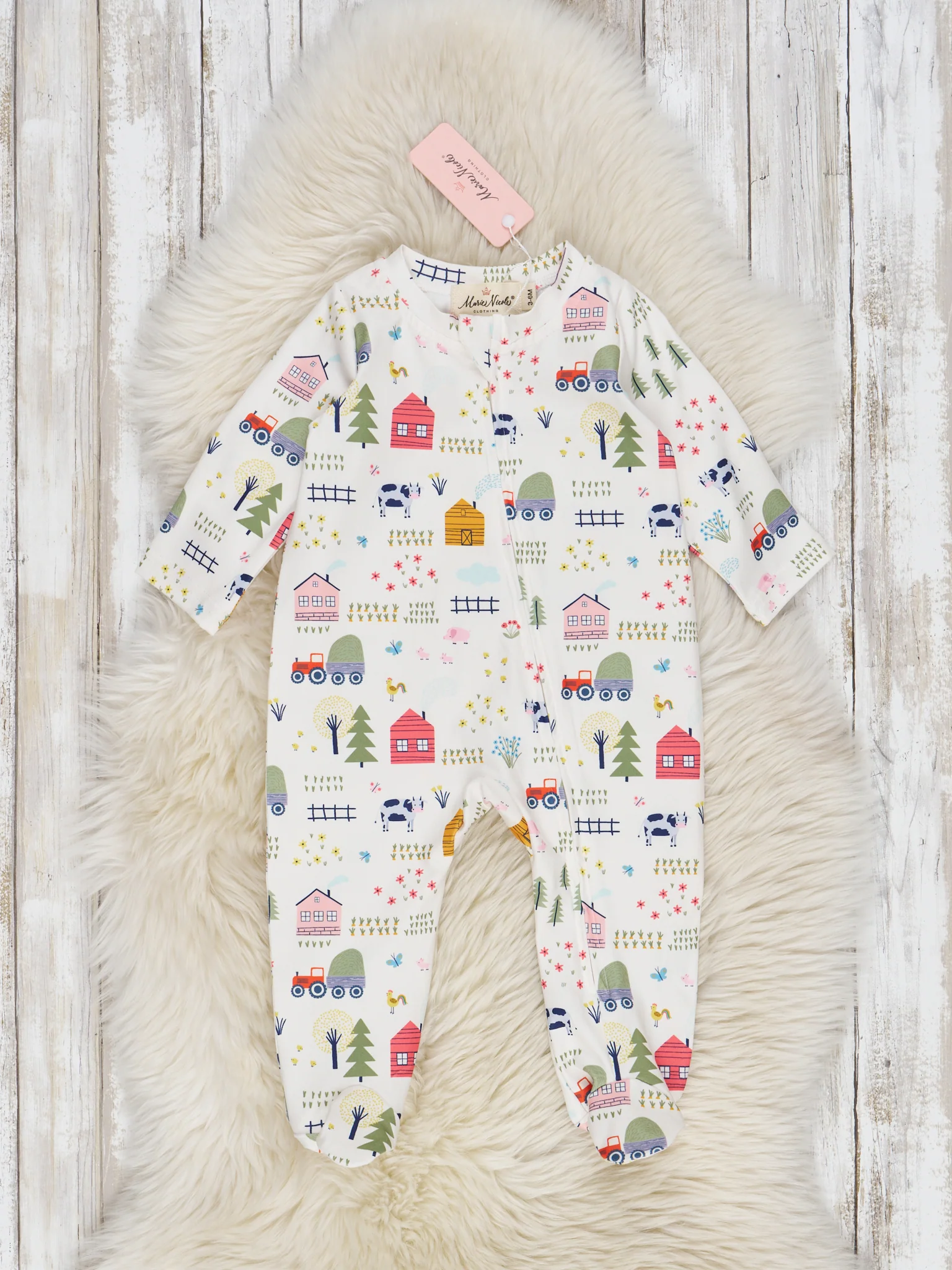 Green & White Doodle Farm Footed Sleeper Pajamas