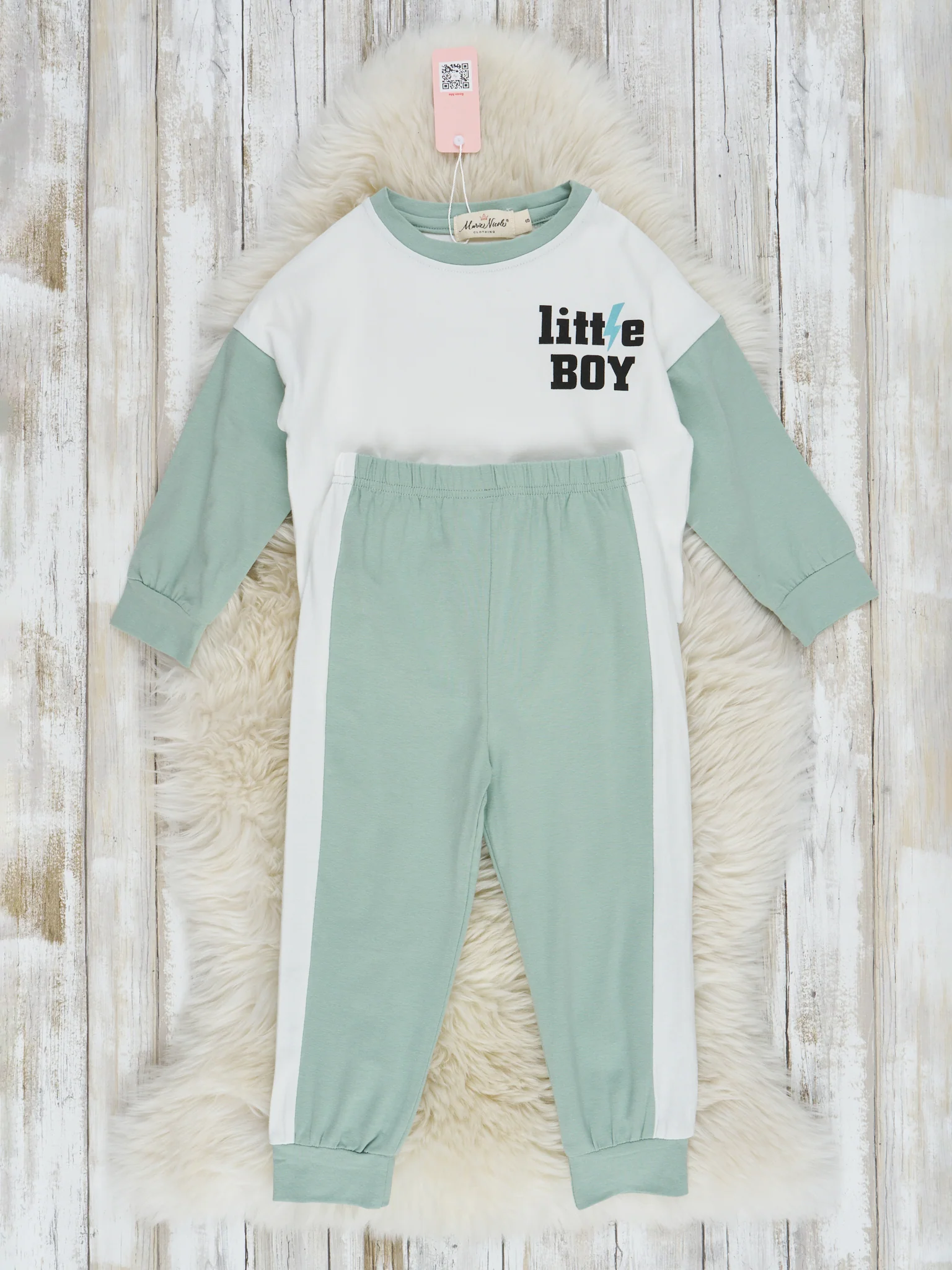Green & White "Little Boy" Jogger Outfit - Image 2