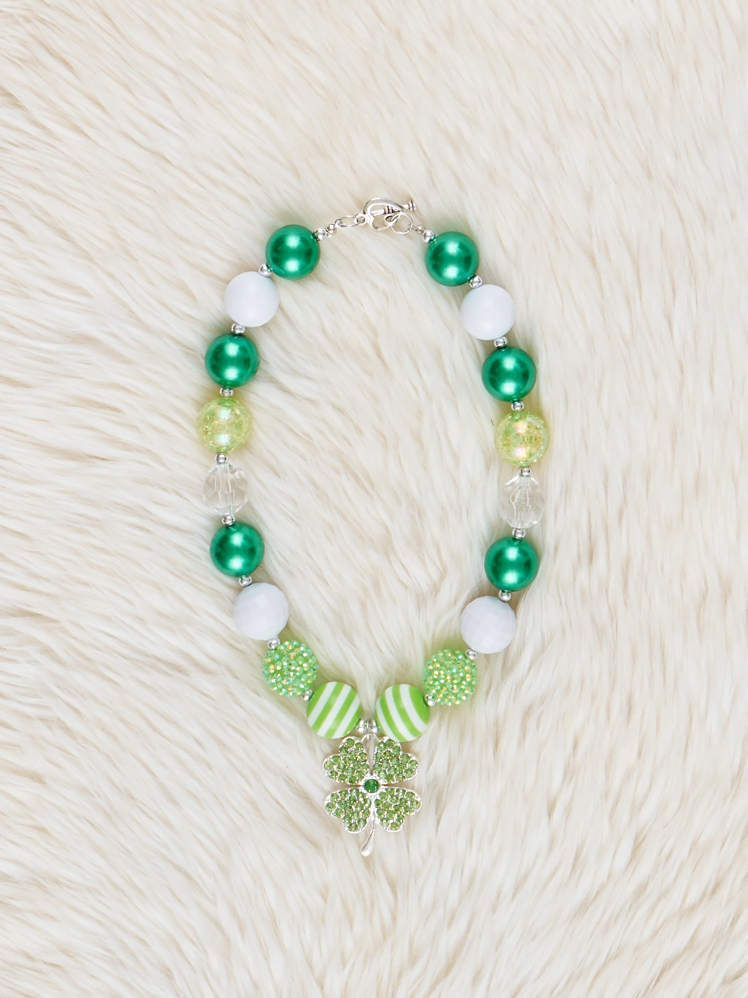 Green & White Shamrock Charm Bubblegum Necklace
