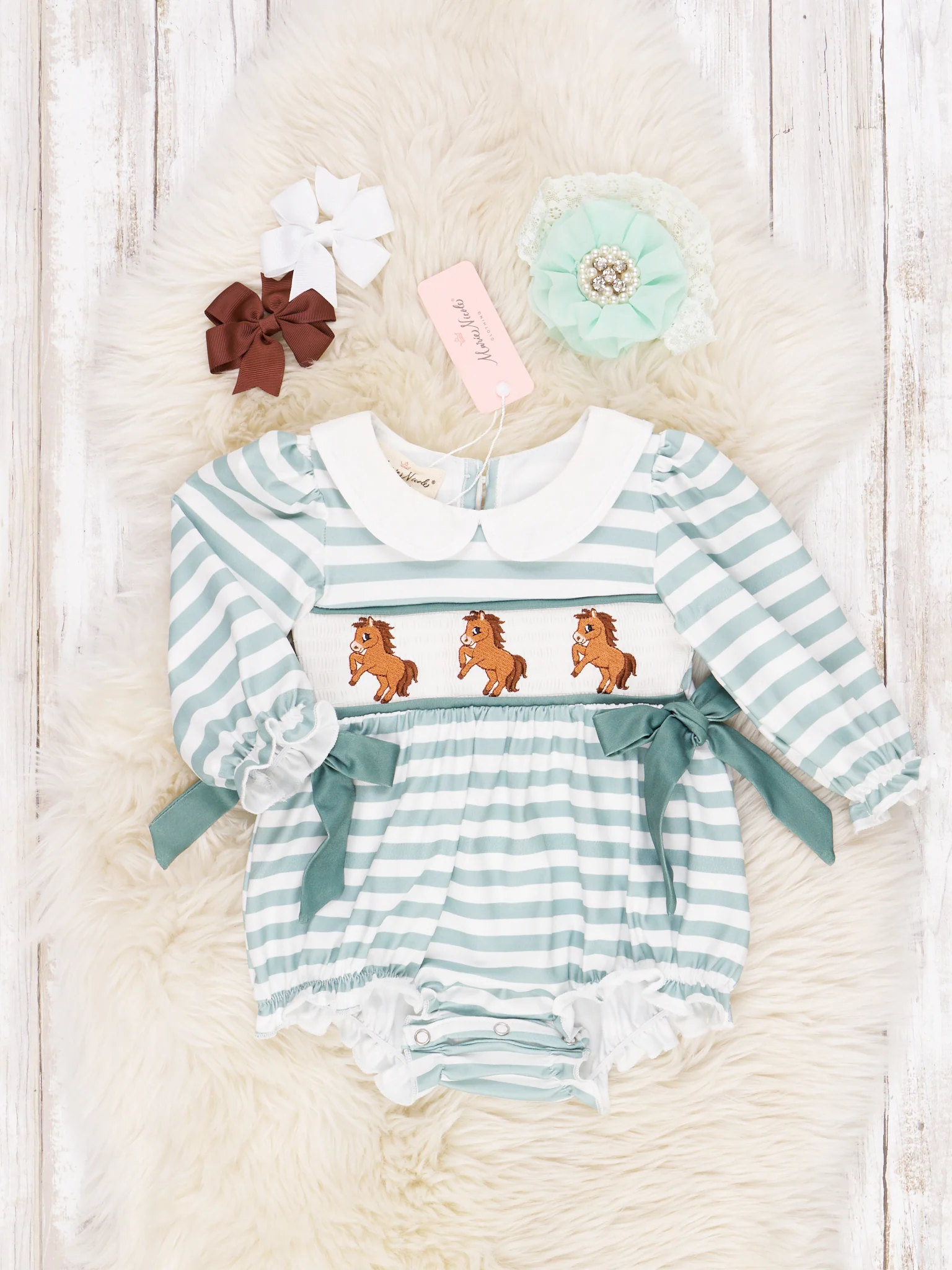 Green & White Stripe Embroidered Horse Bubble Romper