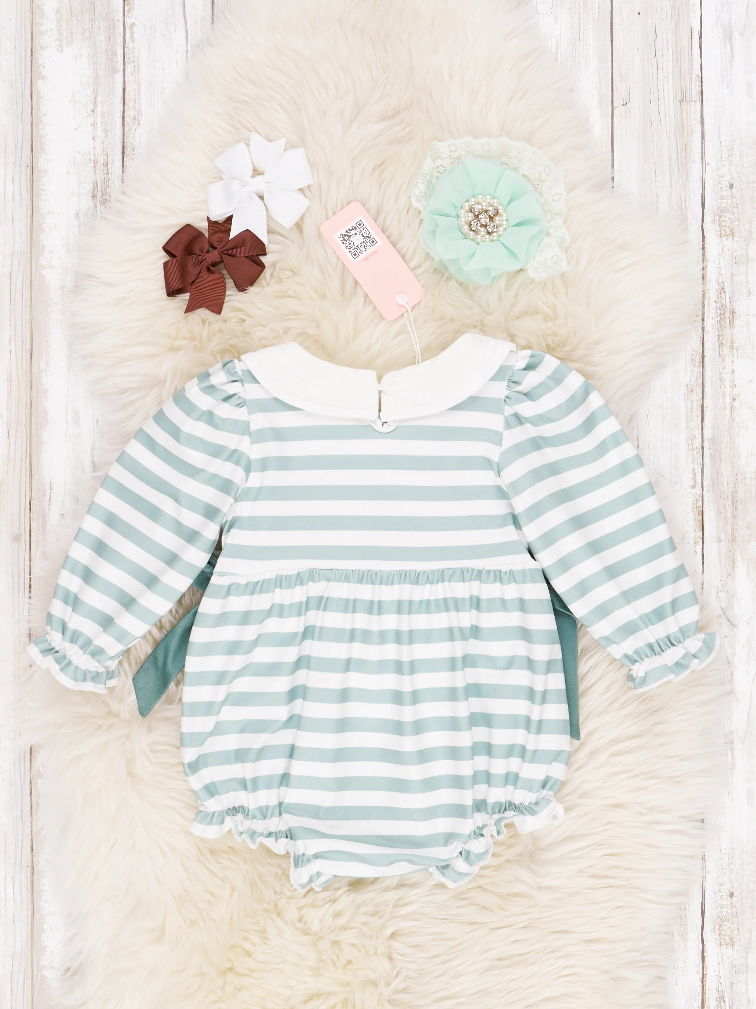 Green & White Stripe Embroidered Horse Bubble Romper - Image 2