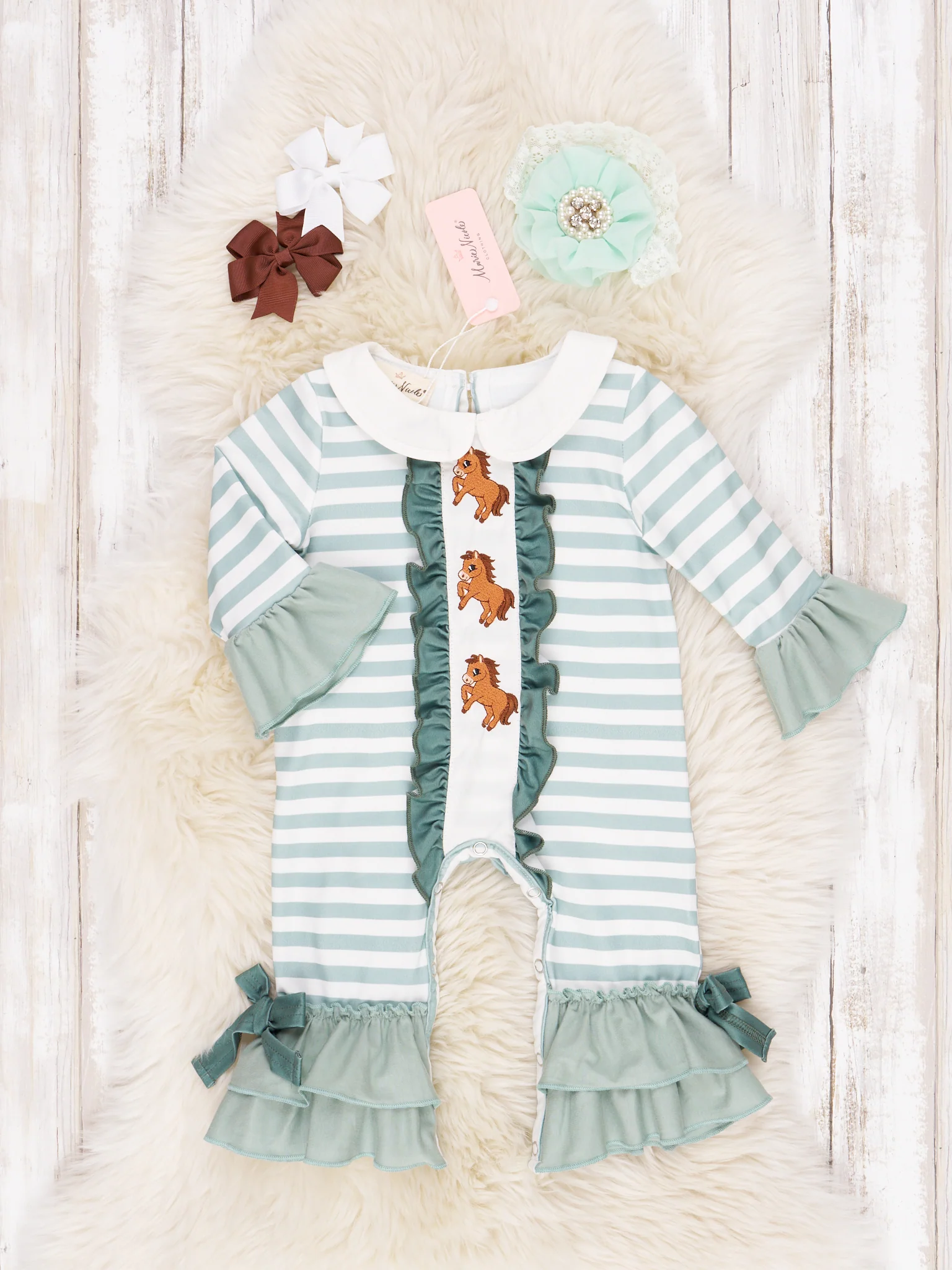 Green & White Stripe Embroidered Horse Ruffle Romper