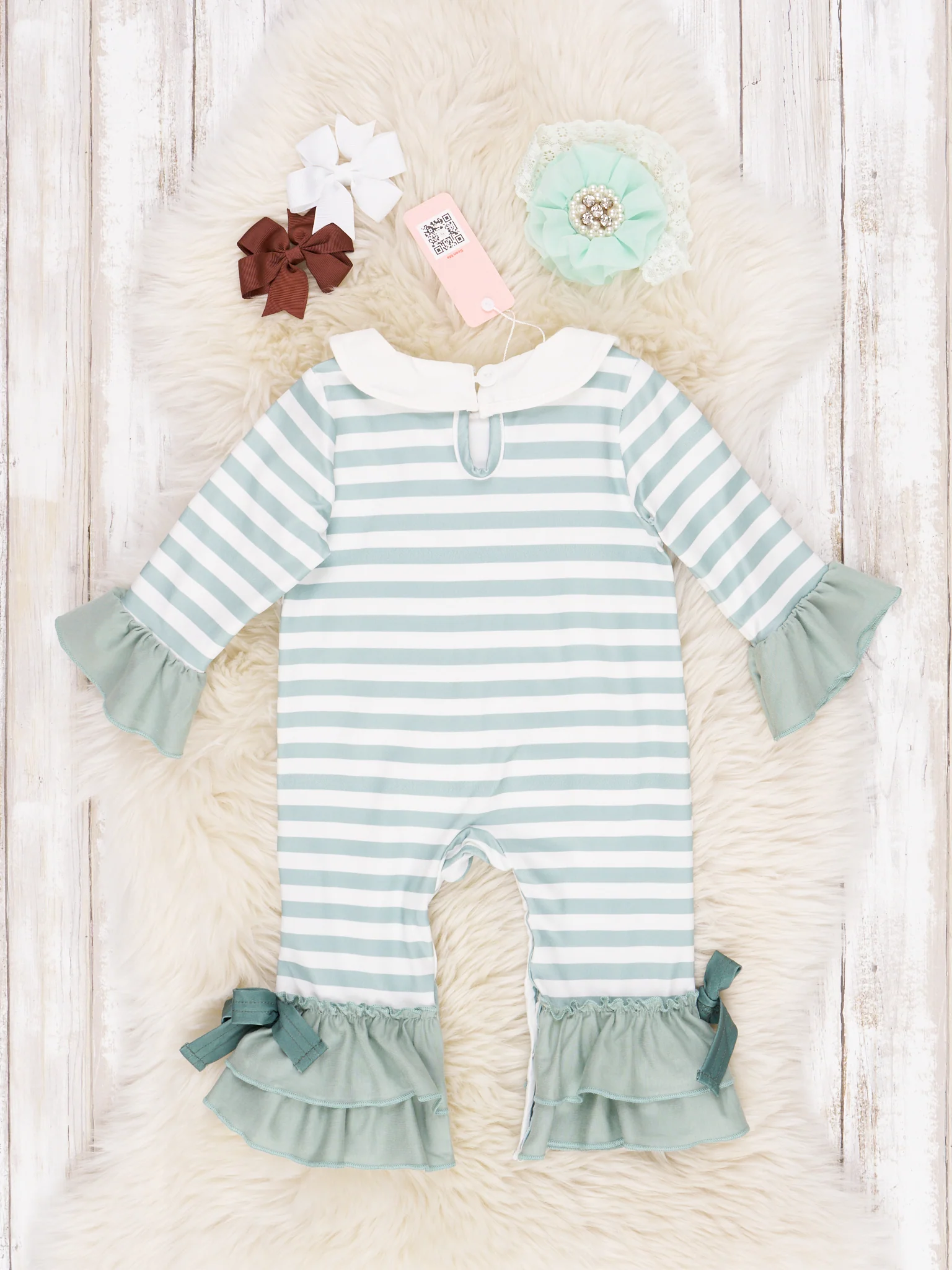 Green & White Stripe Embroidered Horse Ruffle Romper - Image 2