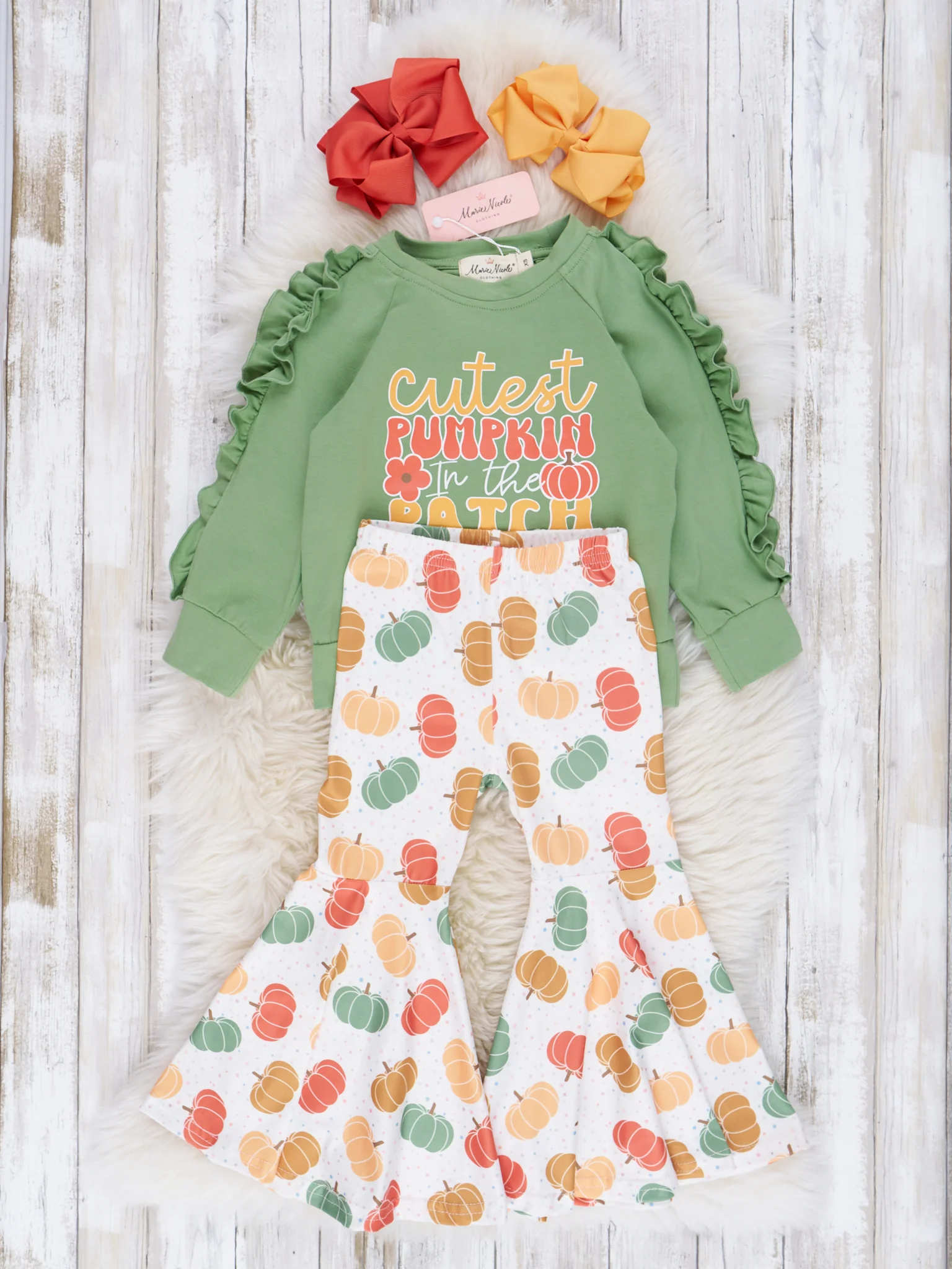 Green & Yellow Cute Pumpkin Bell Bottom Outfit - Image 2