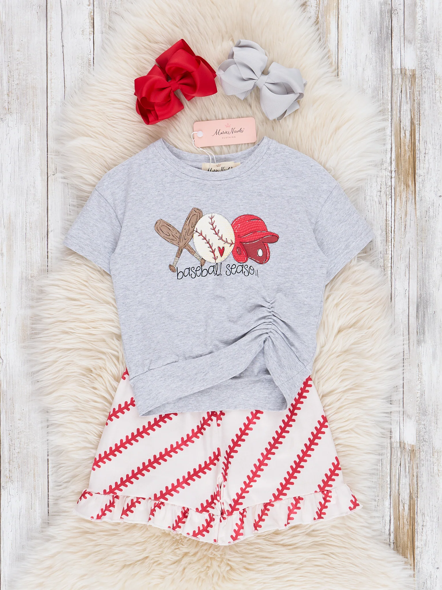 Grey Baseball Ruffle Shorts Outfit