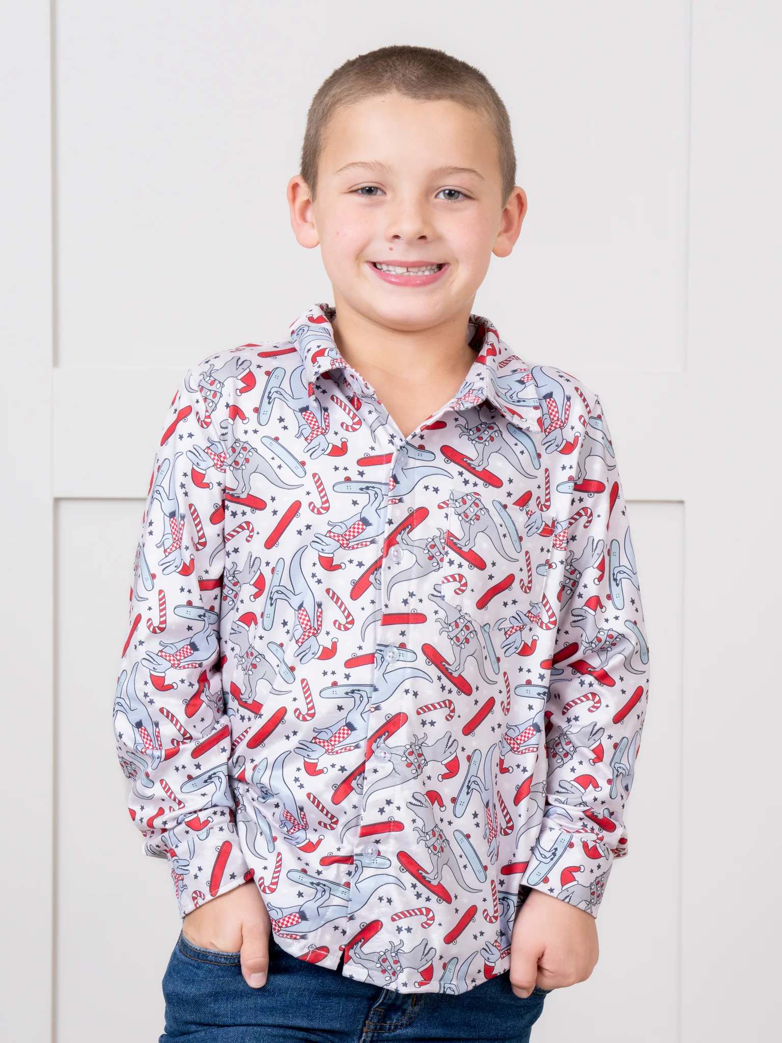 Grey & Blue Skating Holiday Dinosaurs Shirt