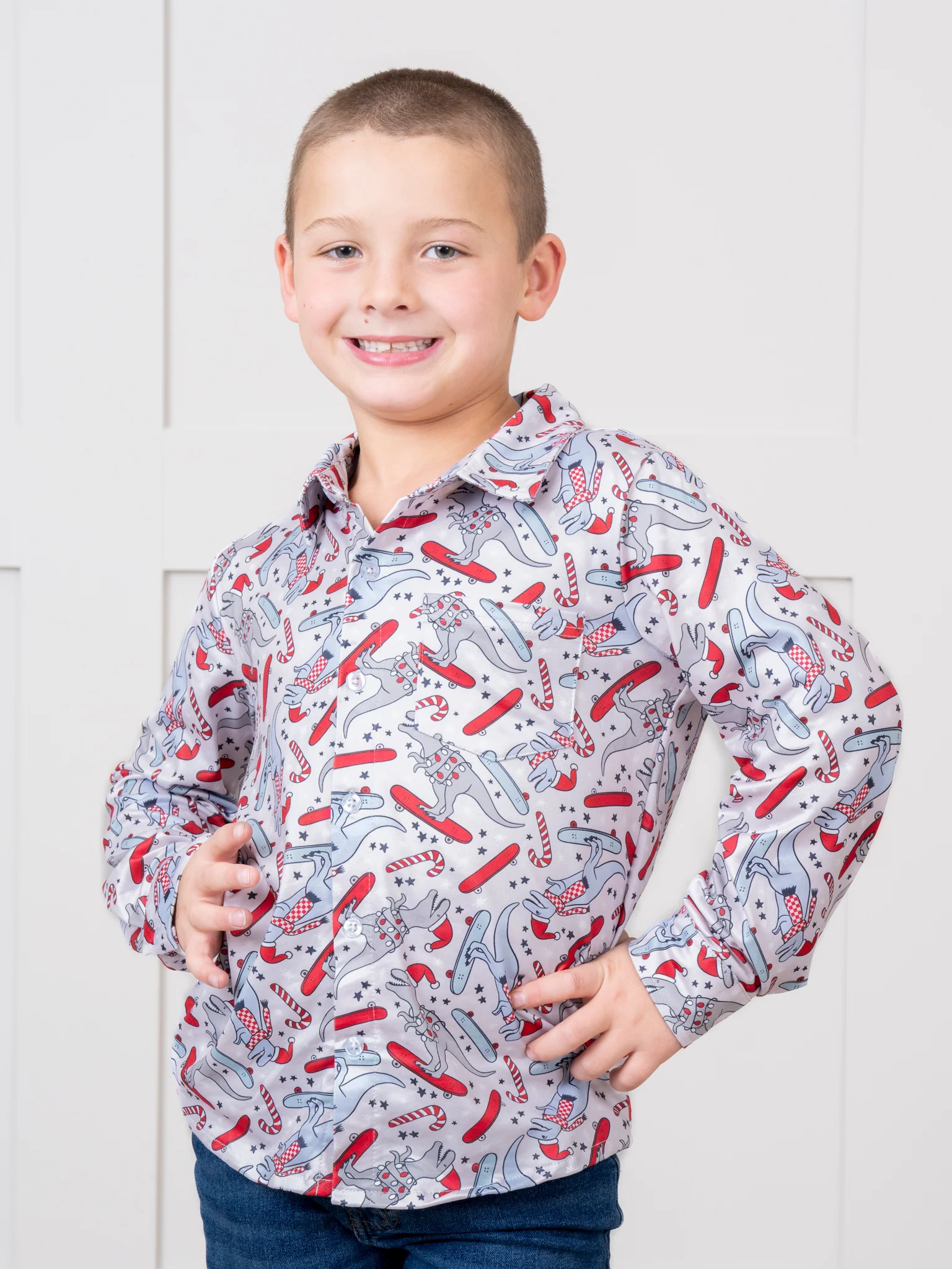 Grey & Blue Skating Holiday Dinosaurs Shirt - Image 3