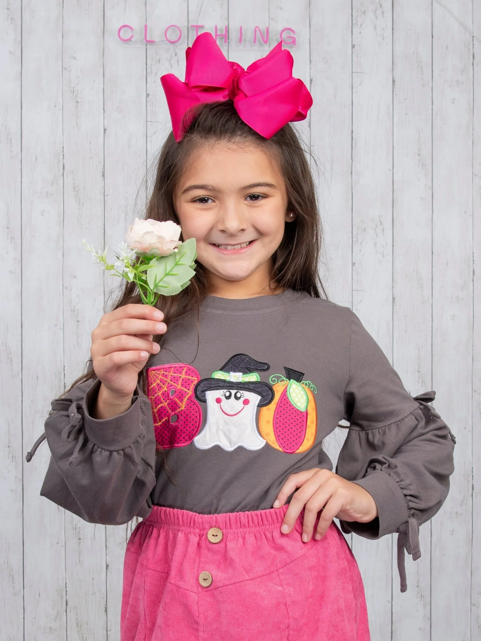 Grey "BOO" Long Sleeve & Fuchsia Skirt Outfit - Image 3