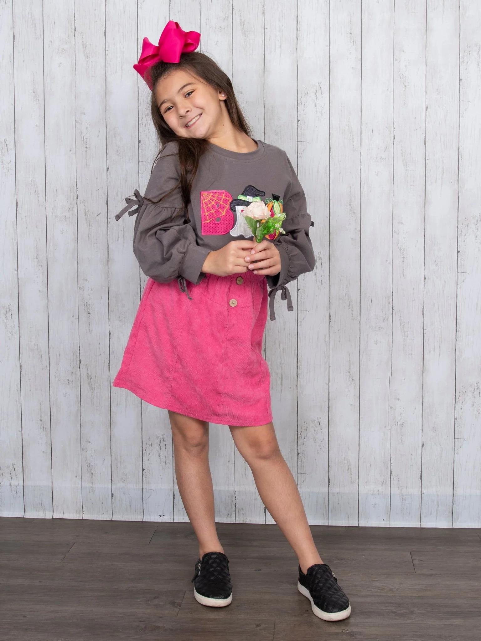 Grey "BOO" Long Sleeve & Fuchsia Skirt Outfit - Image 5