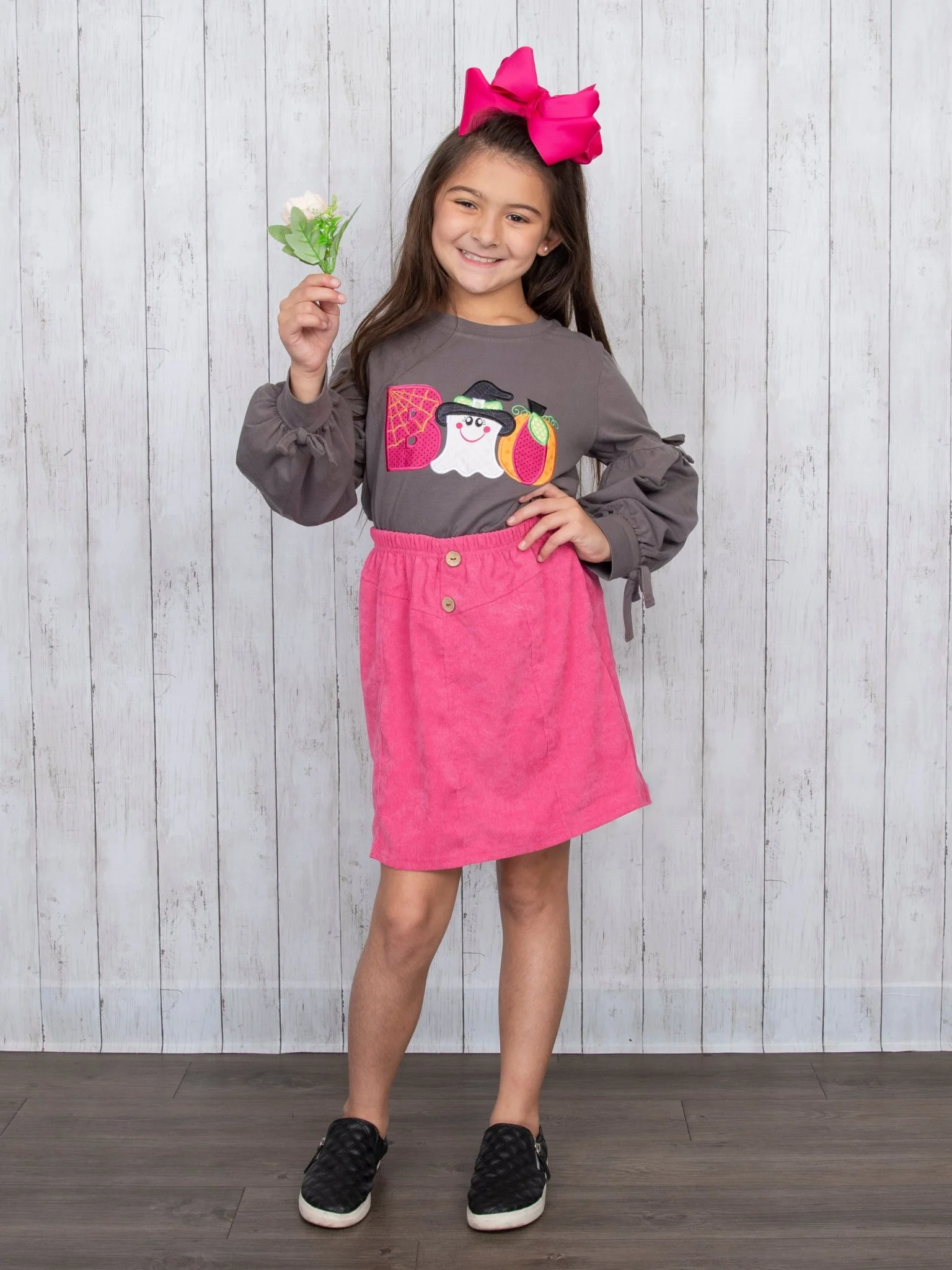 Grey "BOO" Long Sleeve & Fuchsia Skirt Outfit - Image 6
