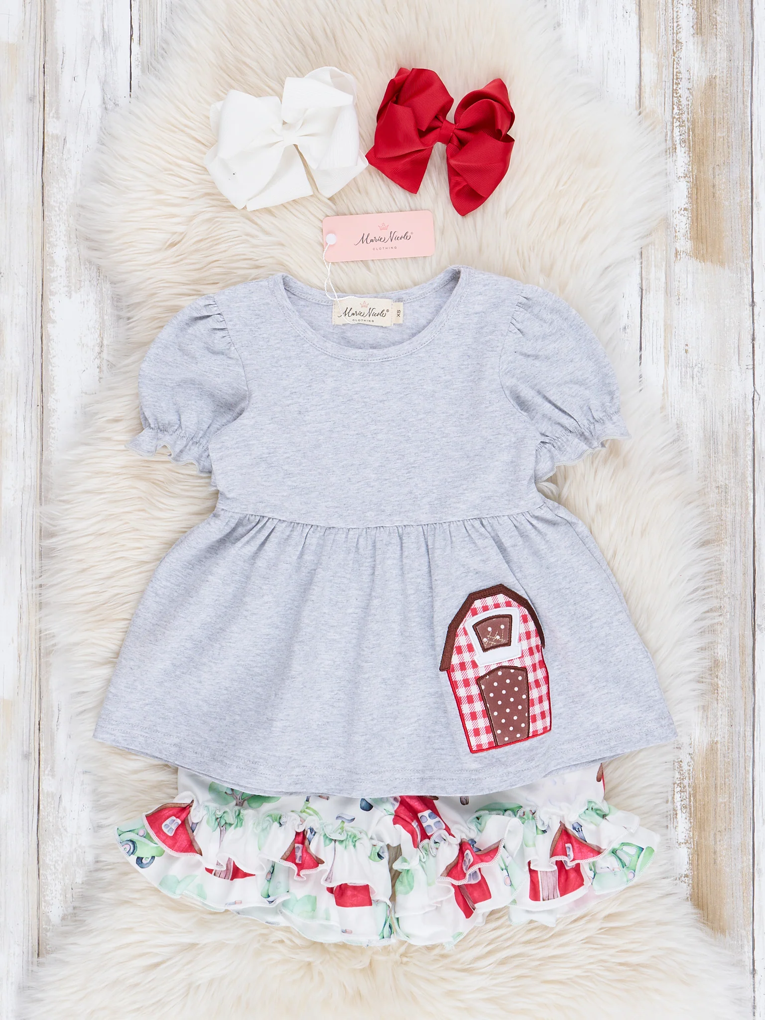 Grey Embroidered Barn Floral Ruffle Outfit