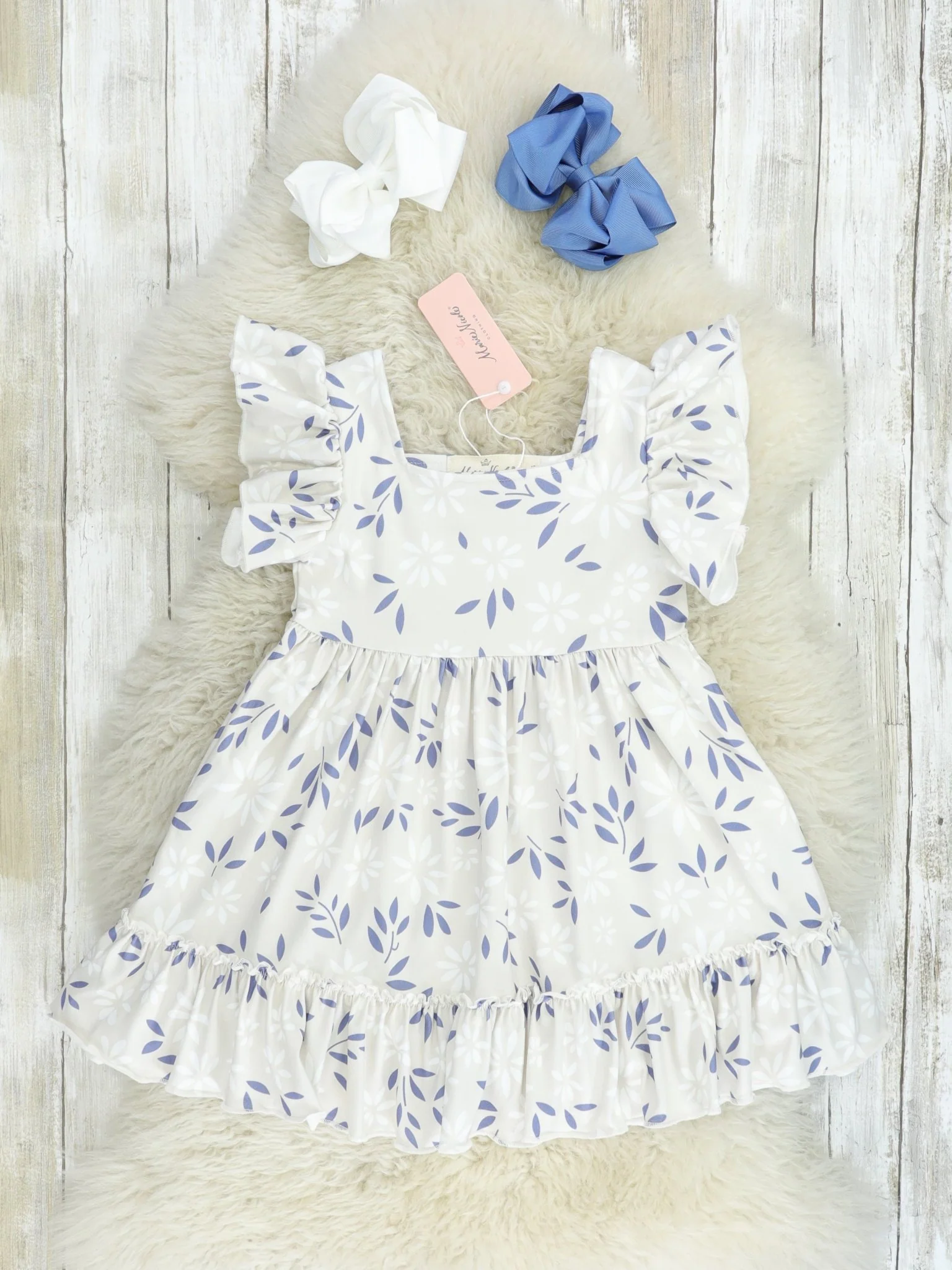 Grey Floral Flutter Sleeve Dress