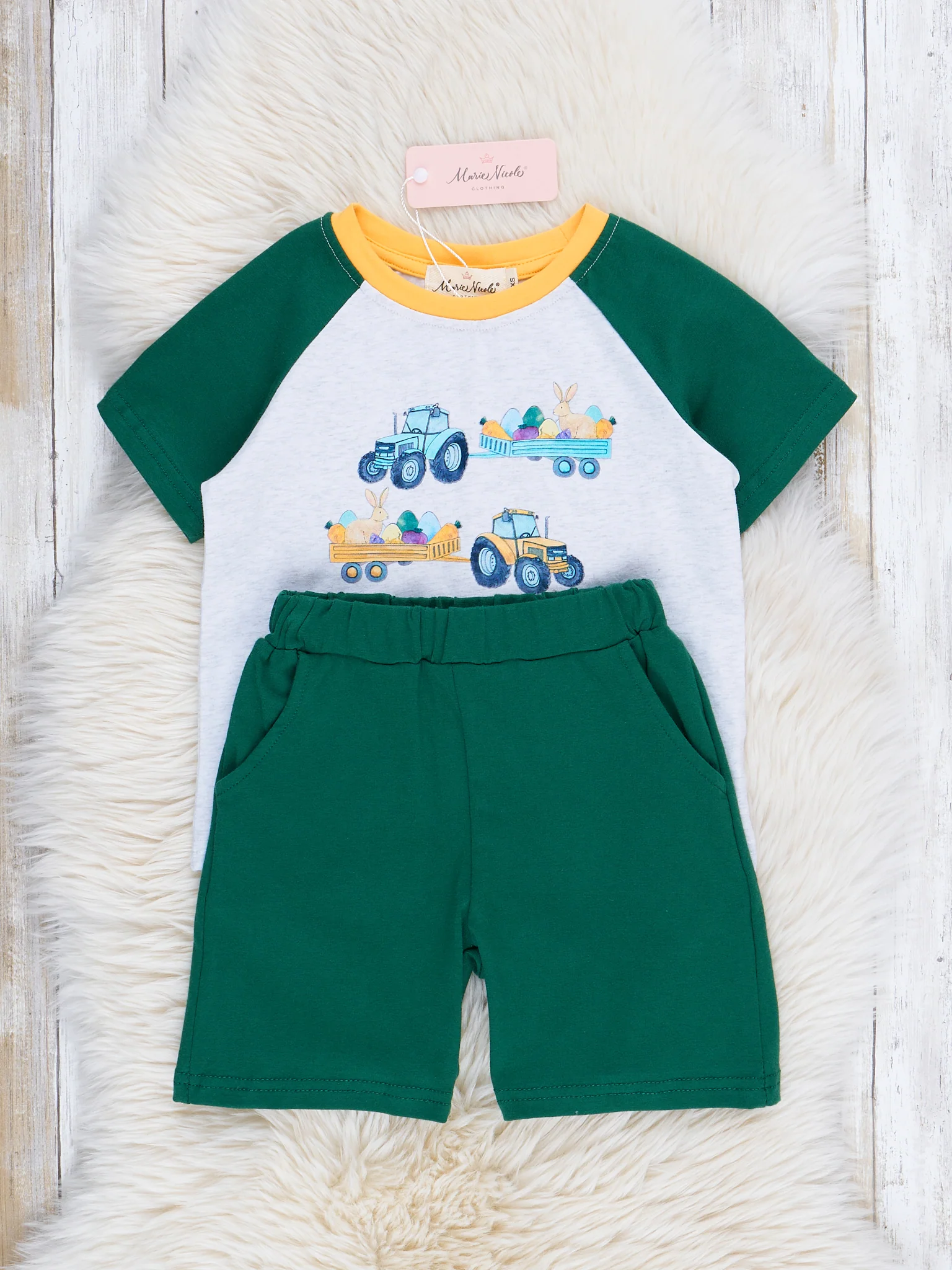 Grey & Green Raglan Easter Trucks Outfit - Image 2