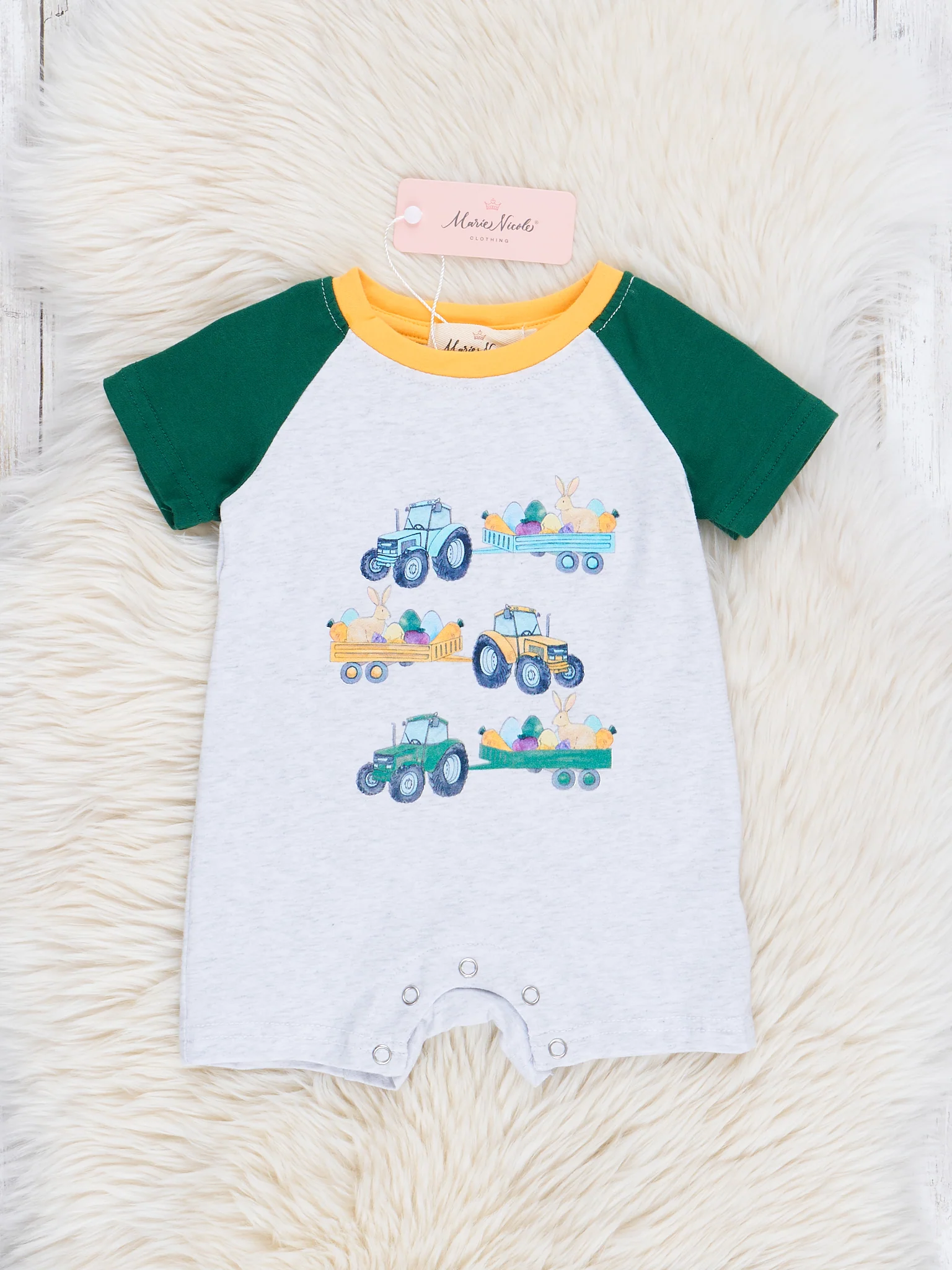 Grey & Green Raglan Easter Trucks Romper