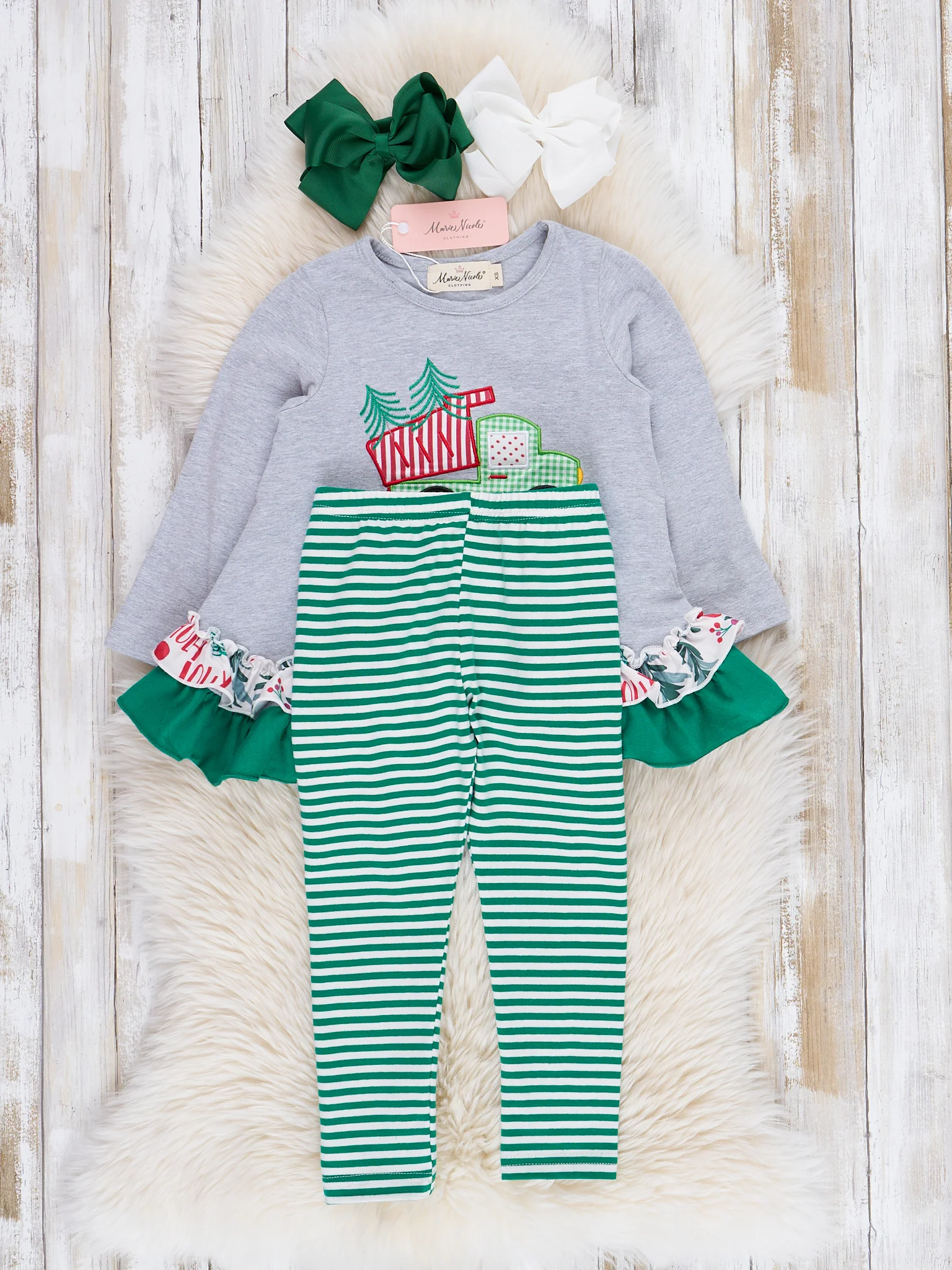 Grey & Green Striped Evergreen Ruffle Outfit - Image 2