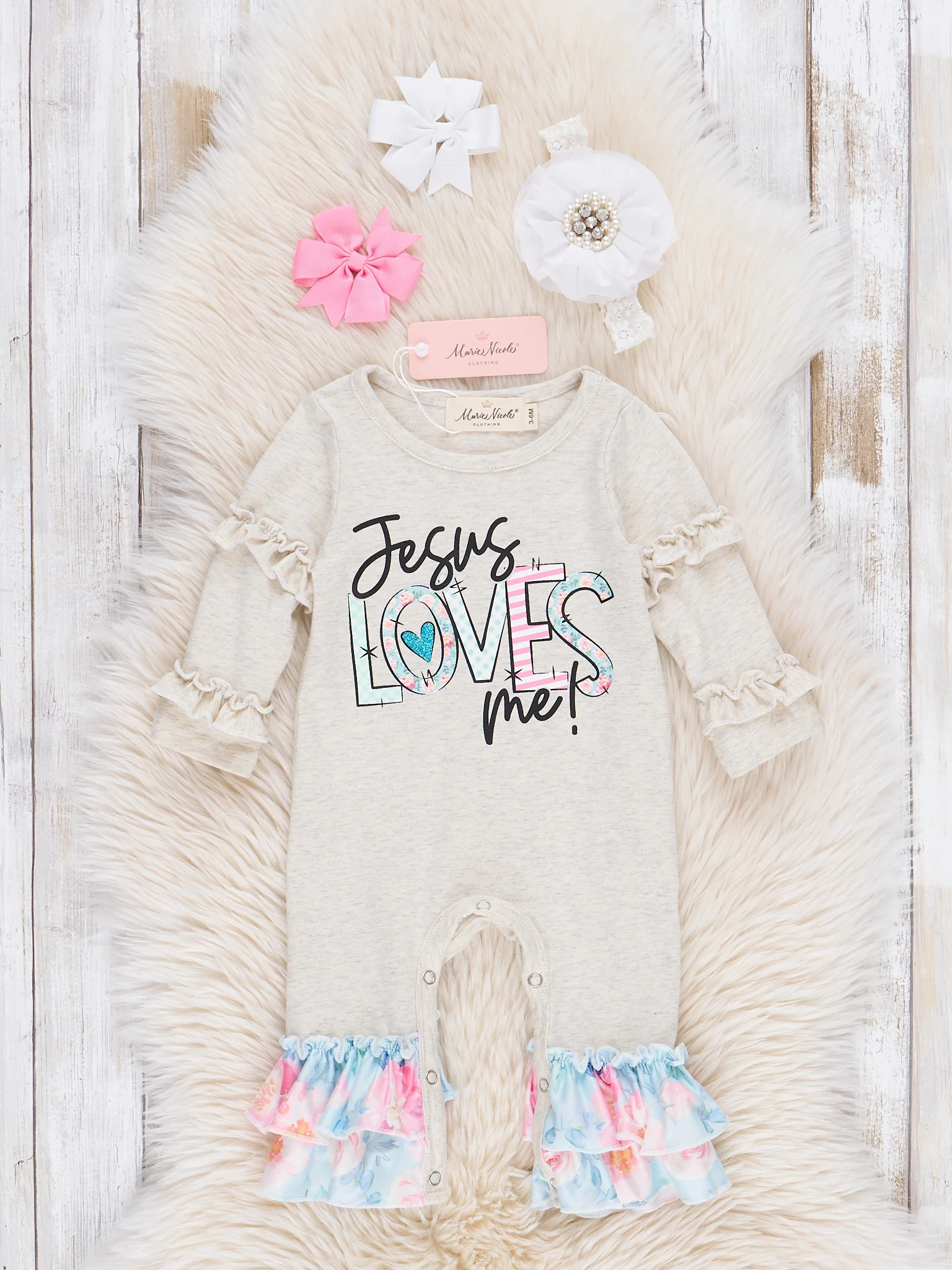 Grey Jesus Loves Me Ruffle Romper
