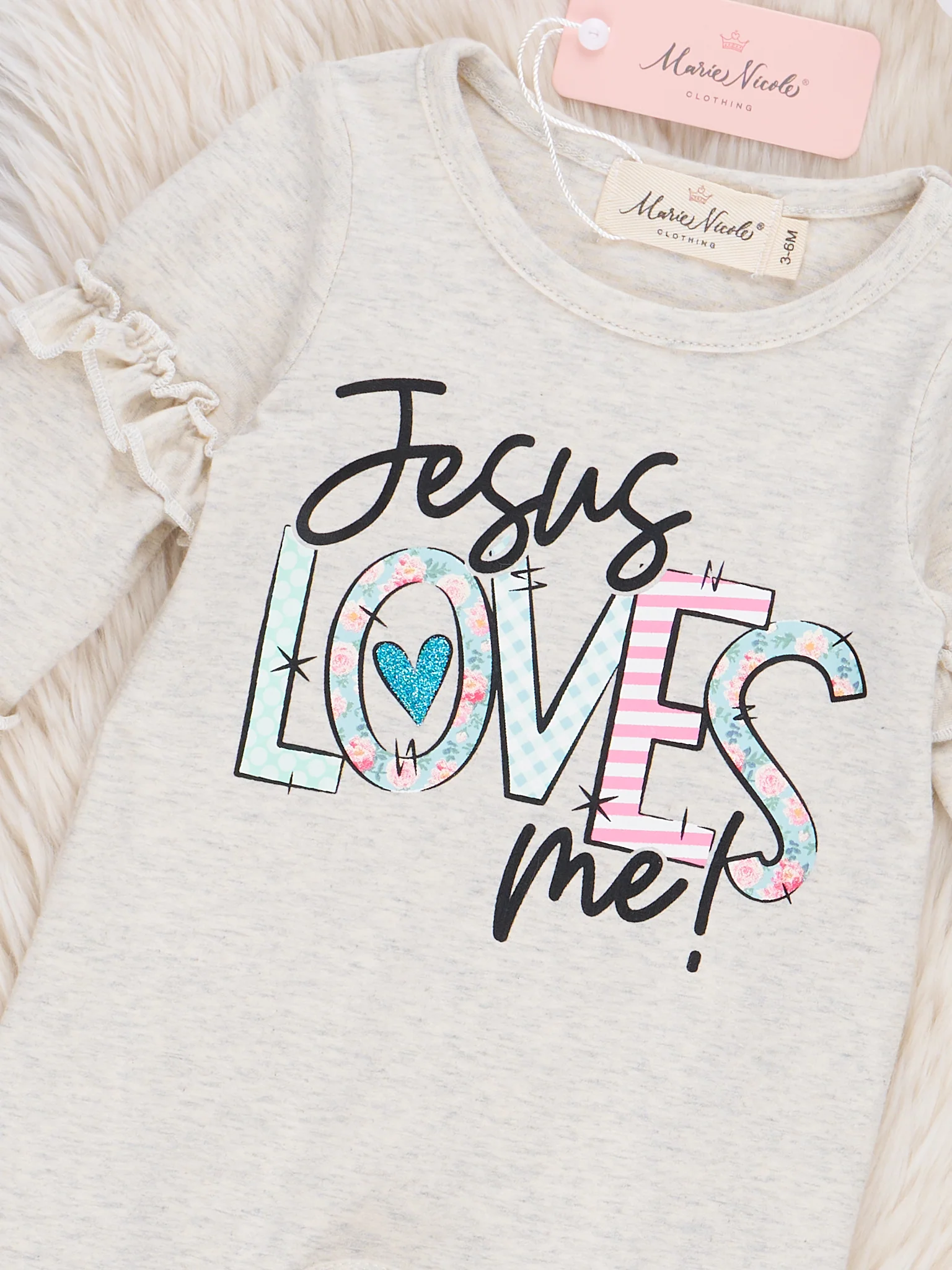 Grey Jesus Loves Me Ruffle Romper - Image 2