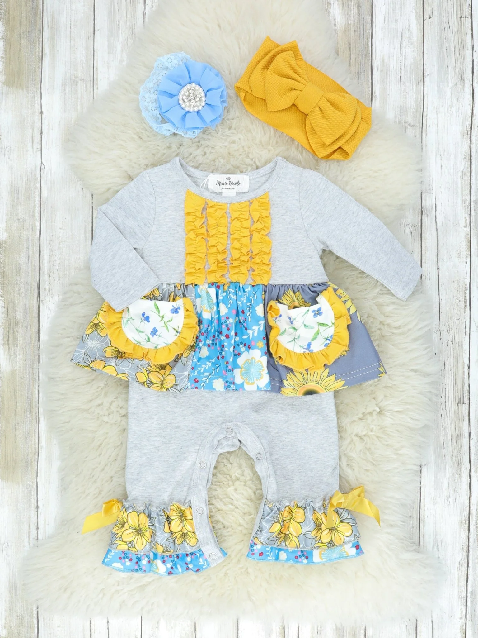 Grey & Mustard Floral Pocket Ruffle Dressy Romper