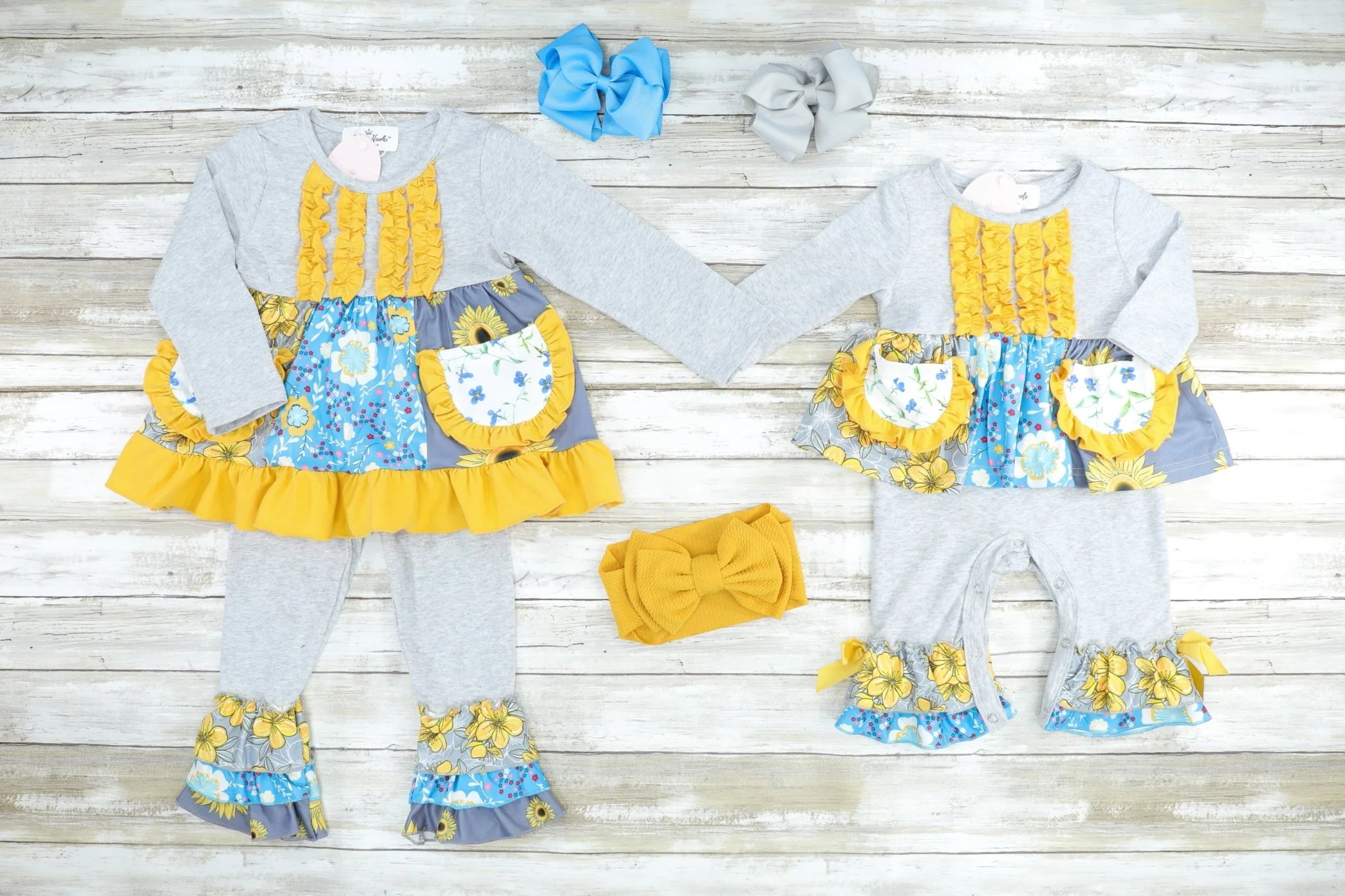 Grey & Mustard Floral Pocket Ruffle Dressy Romper - Image 2