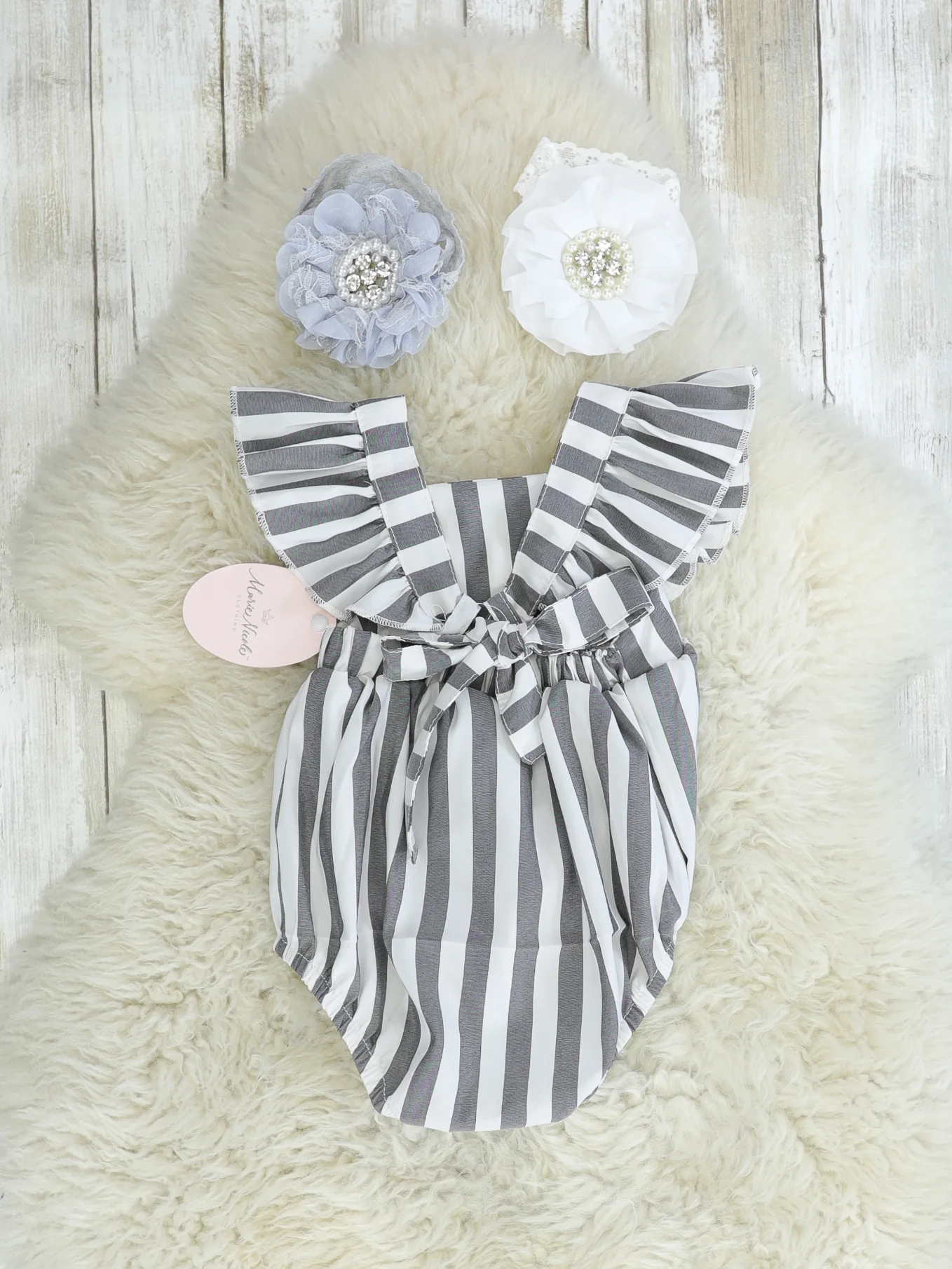 Grey Pinstriped Ruffle Bubble Romper - Image 2