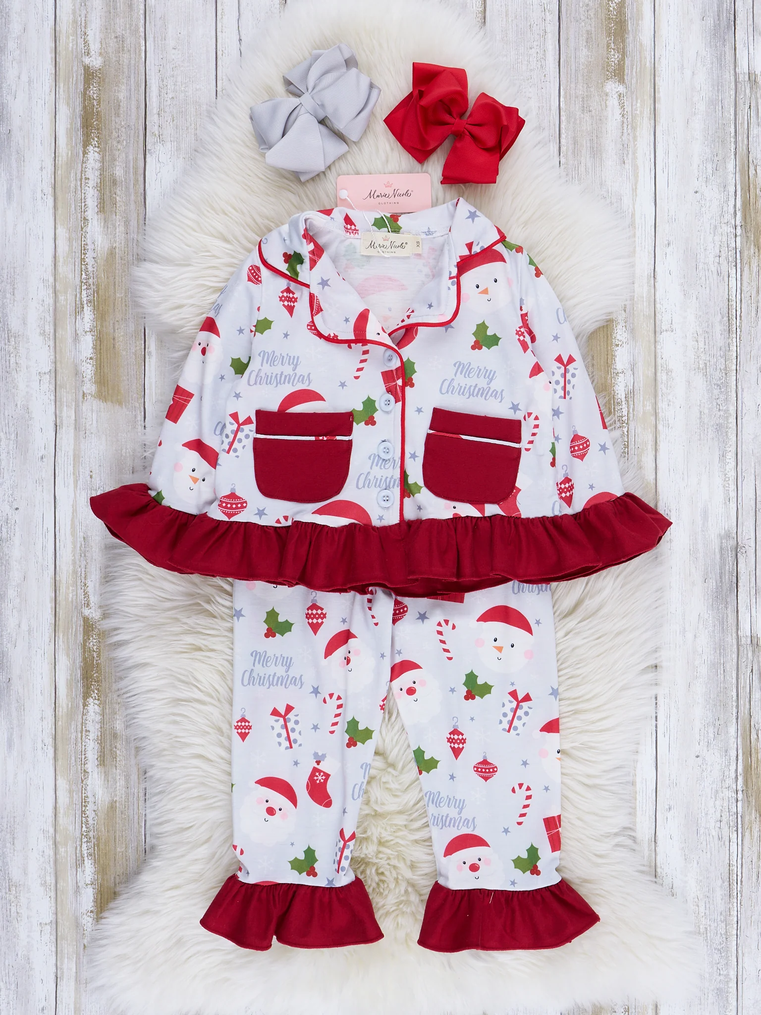 Grey & Red Holly Christmas Ruffle Pajamas - Image 2
