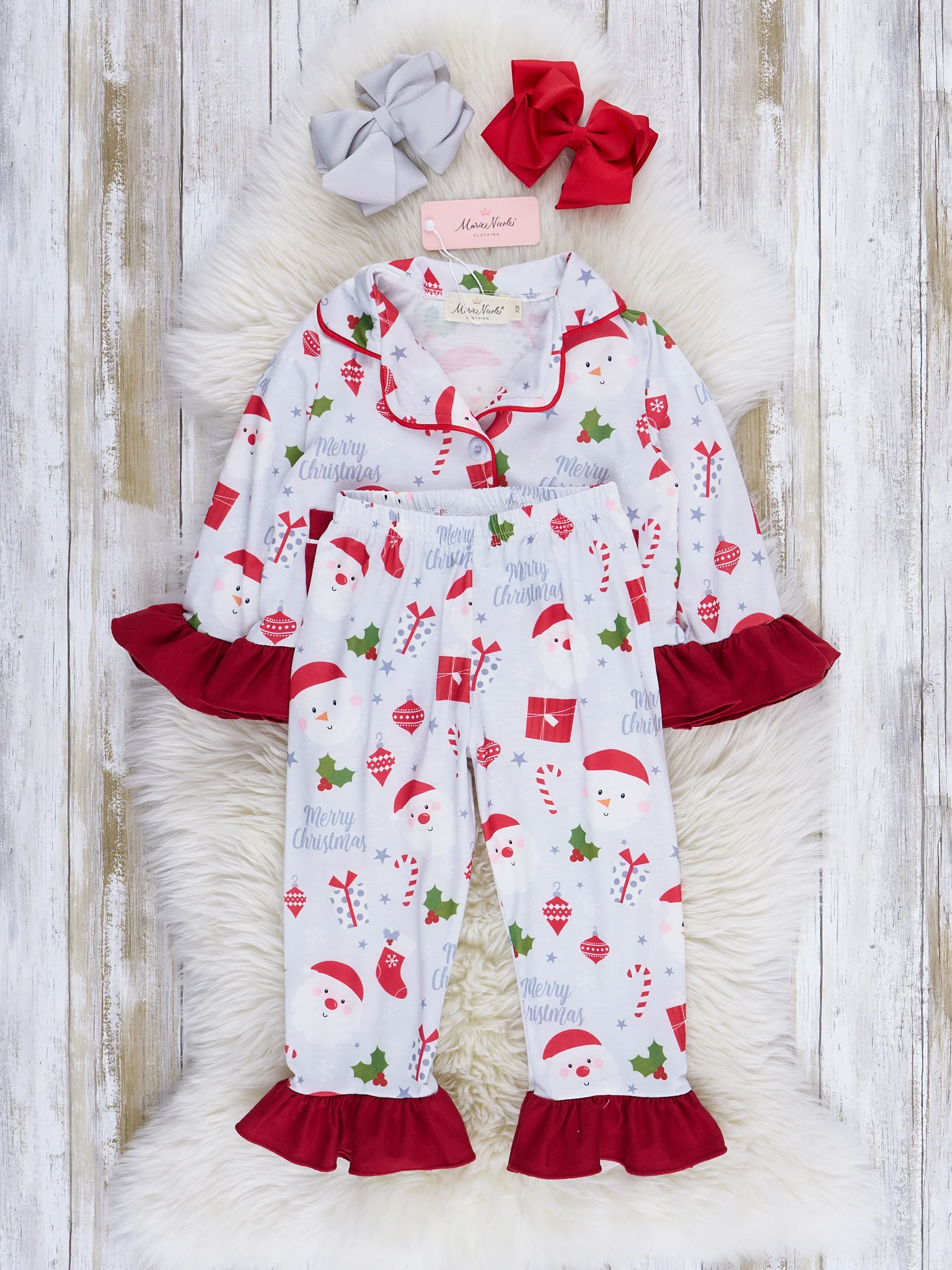 Grey & Red Holly Christmas Ruffle Pajamas - Image 3