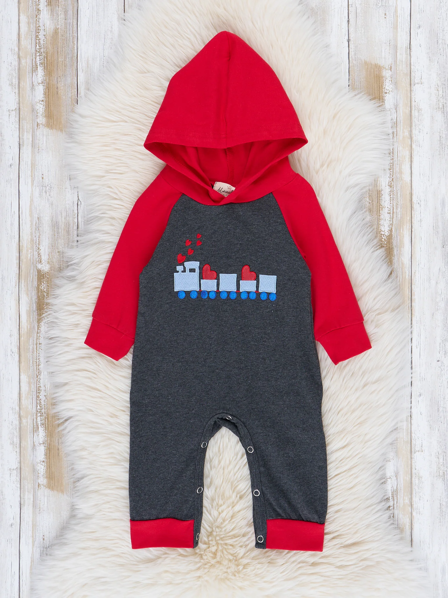 Grey & Red Raglan Candy Hearts Train Hoodie Romper