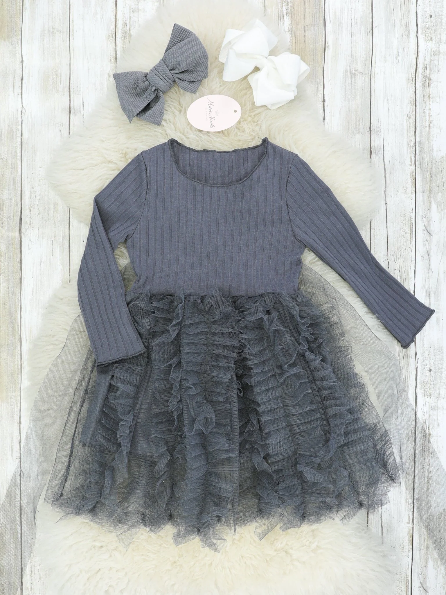 Grey Ribbed Tulle Dress