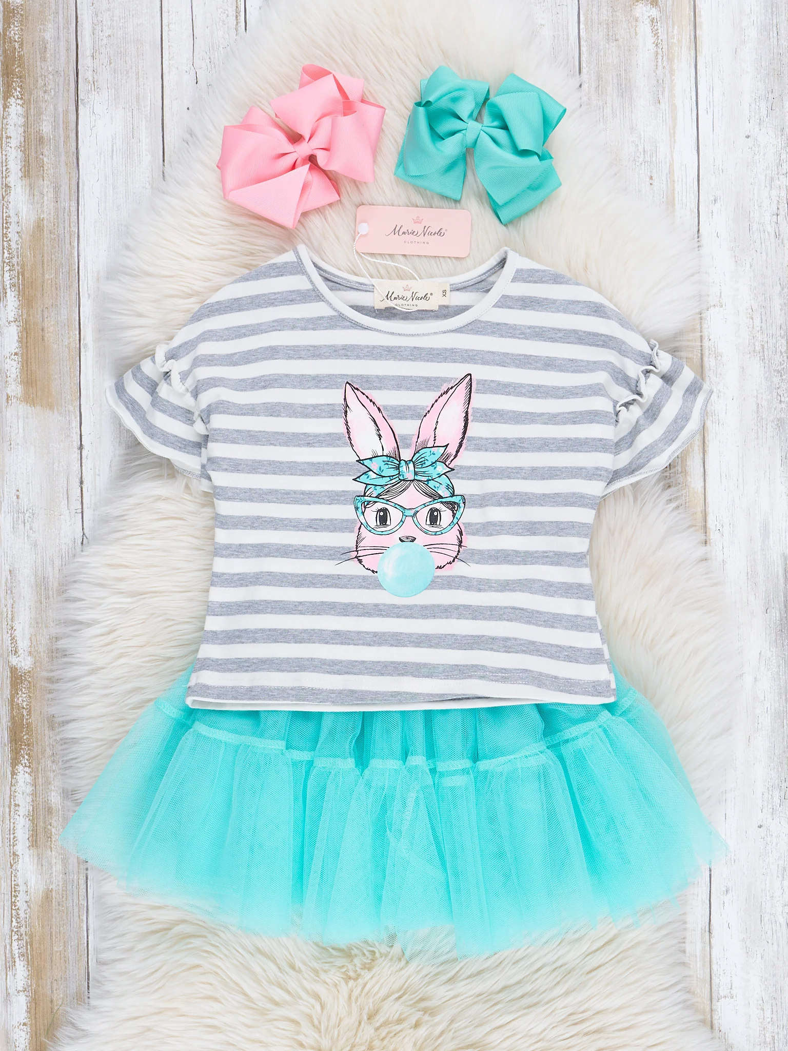 Grey Striped Bubblegum Bunny Tulle Outfit w/ Skirt