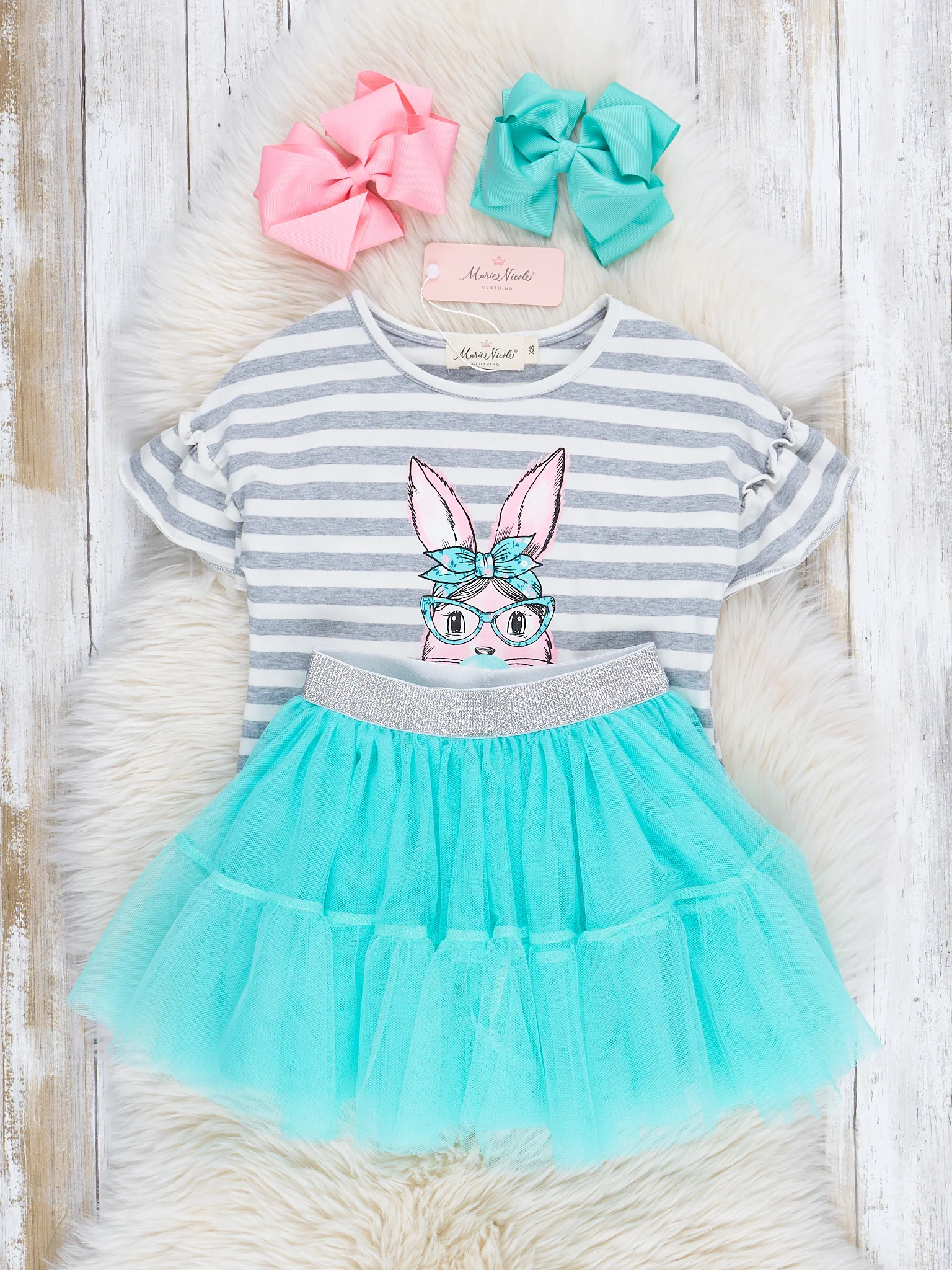 Grey Striped Bubblegum Bunny Tulle Outfit w/ Skirt - Image 2