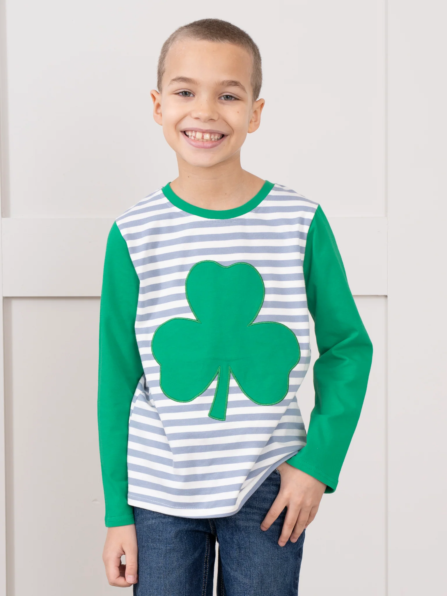 Grey Striped Green Embroidered Shamrock Shirt