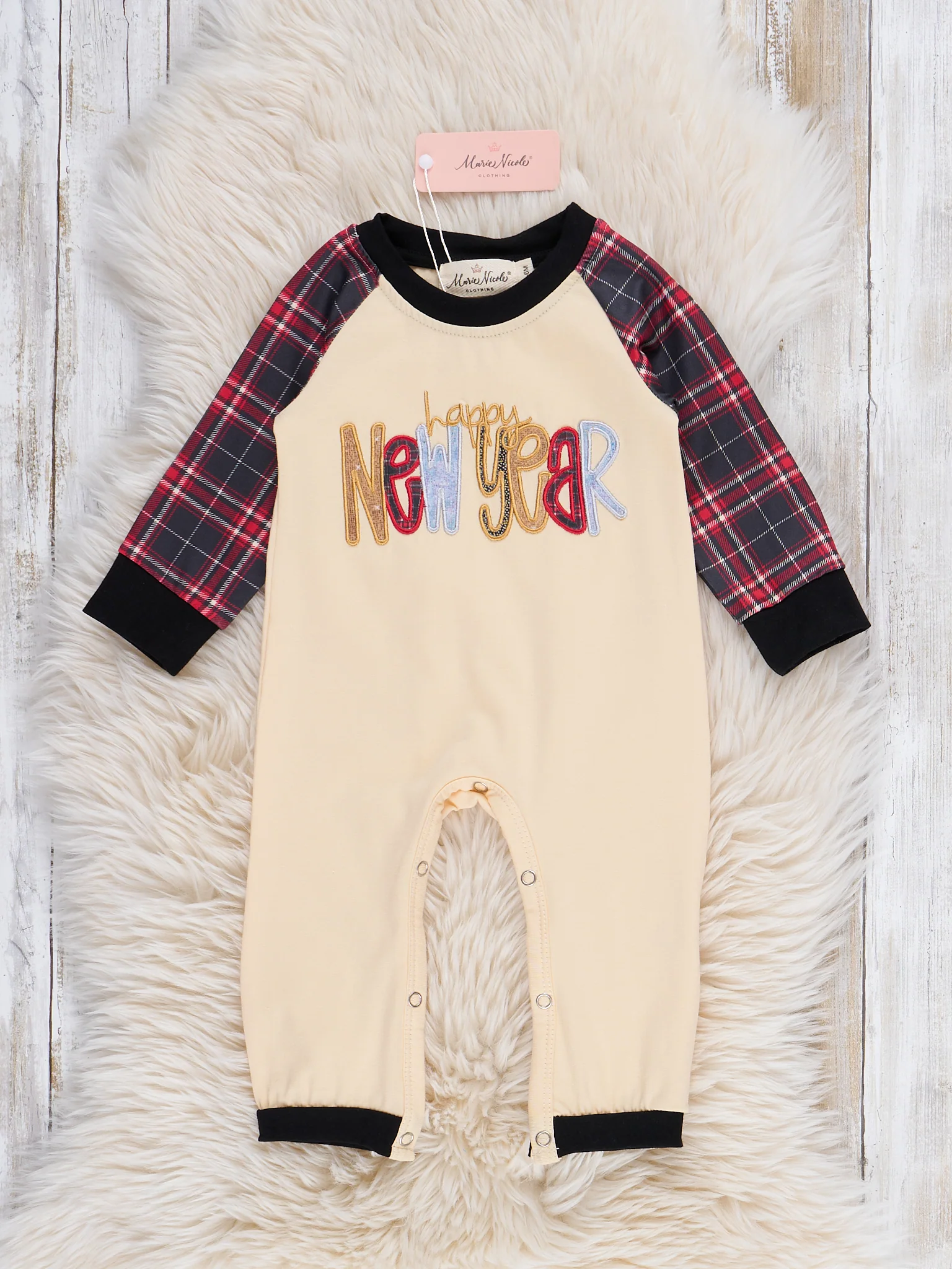 "Happy New Year" Plaid Embroidered Romper